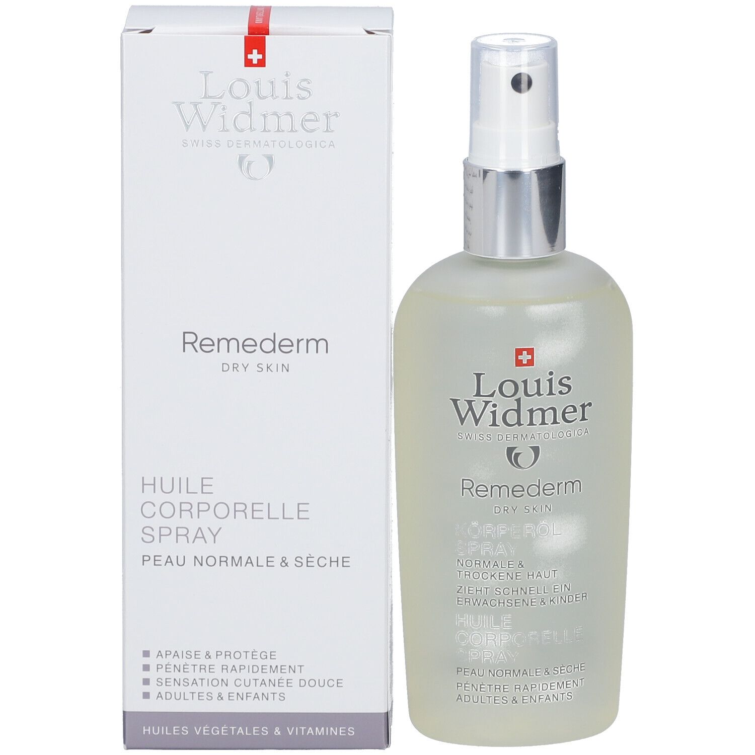 Produit et emballage Louis Widmer. Bouteille et carton. Croix suisse et nom du produit visibles.