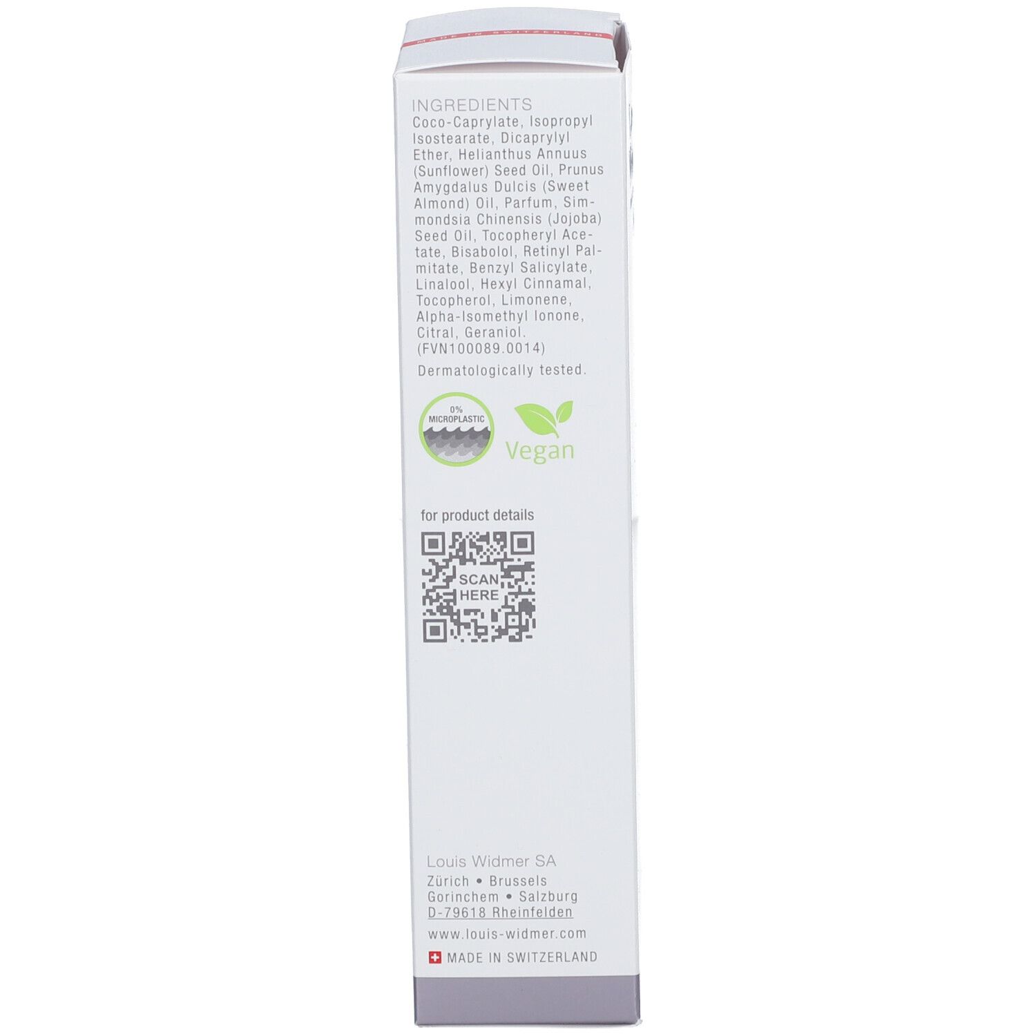 Dos de l'emballage du produit. Liste des ingrédients, label Vegan, code QR et informations du fabricant.