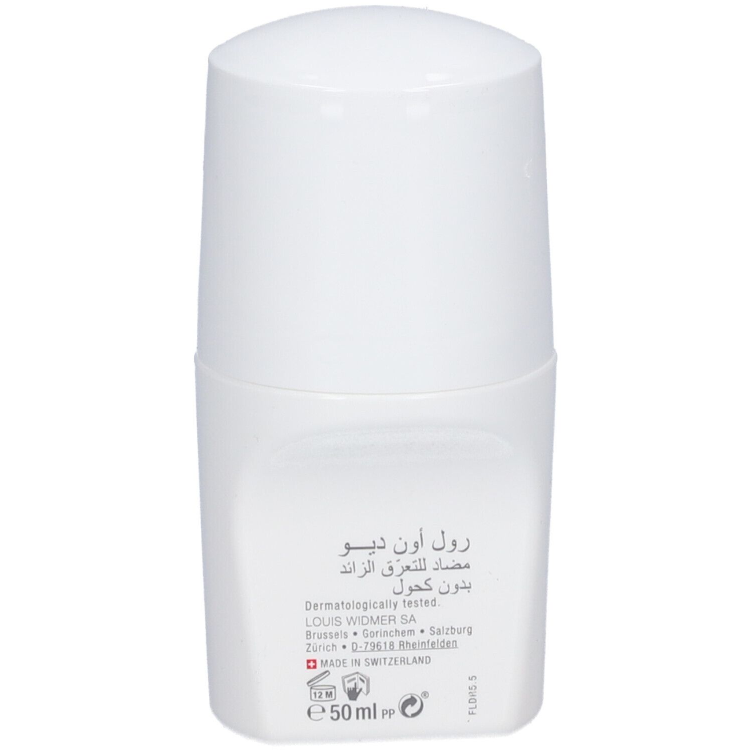 Witte deo roll-on van Louis Widmer. Achterkant met meertalige tekst. 50 ml.