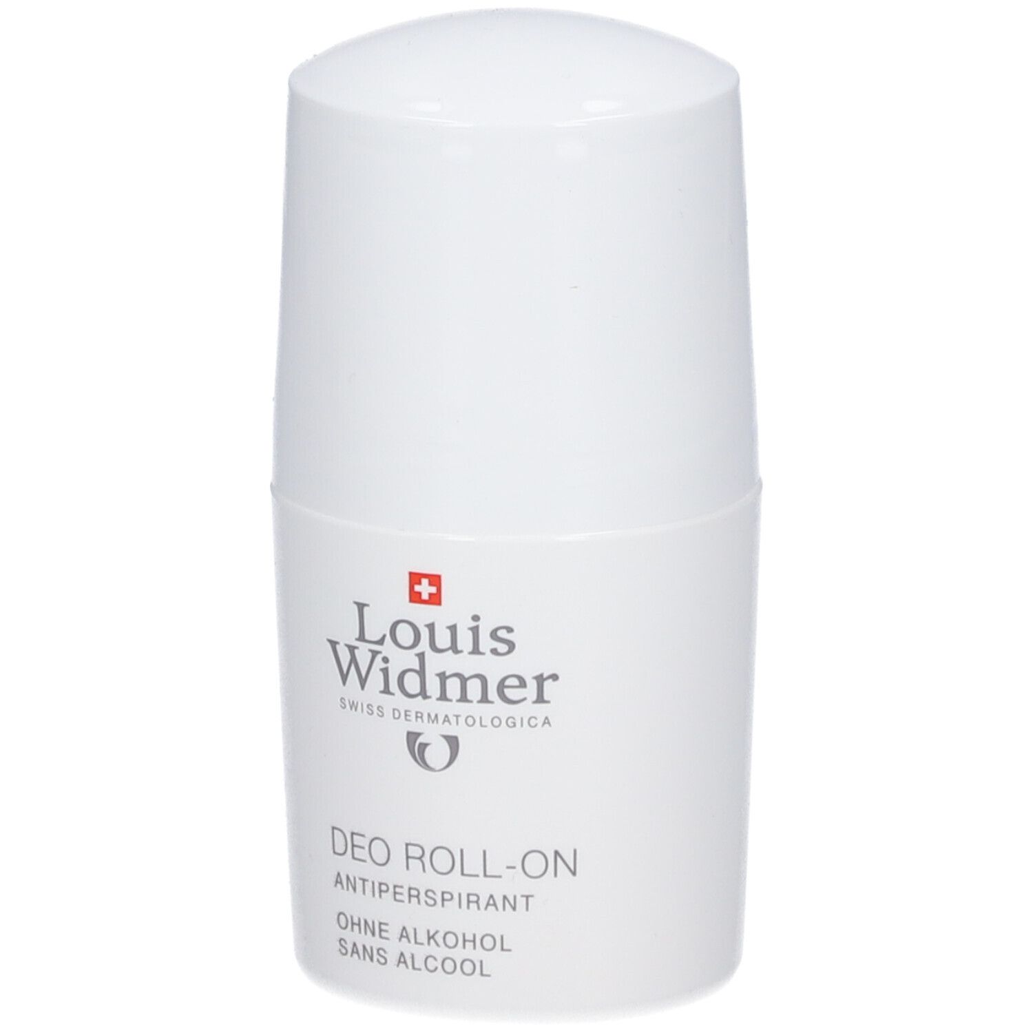 Witte deo roll-on van Louis Widmer. Met rood kruis en tekst. Zonder alcohol.