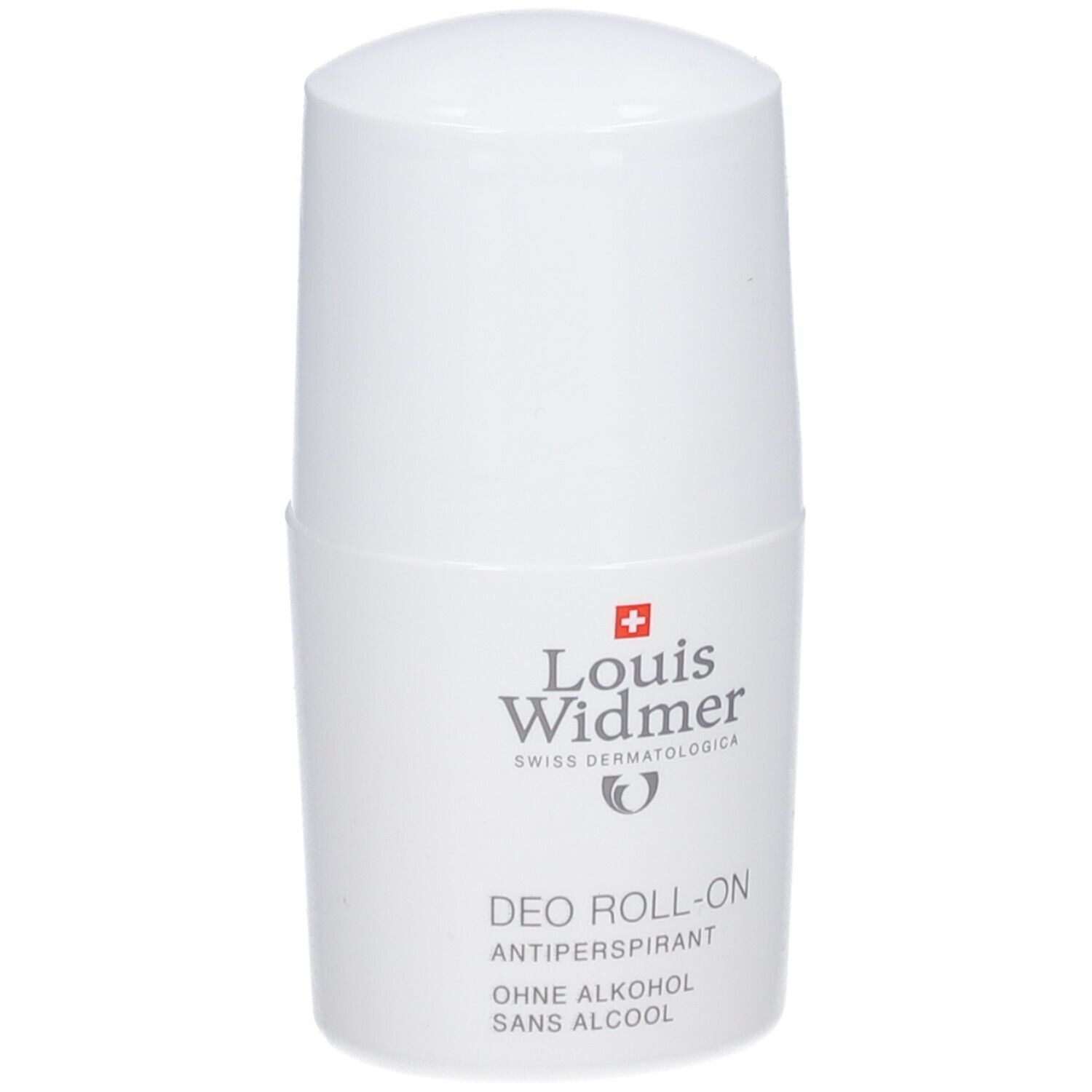 Witte deo roll-on van Louis Widmer. Met rood kruis en tekst. Zonder alcohol.
