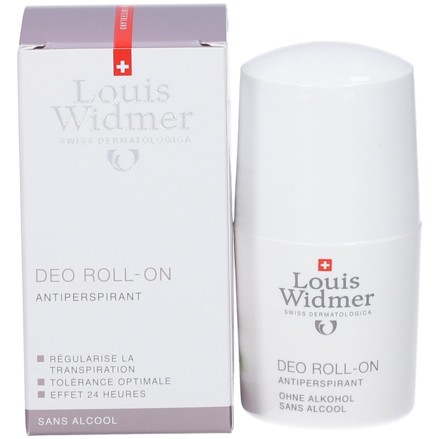 Deo roll-on en verpakking van Louis Widmer. Wit met rood kruis. Zonder alcohol.
