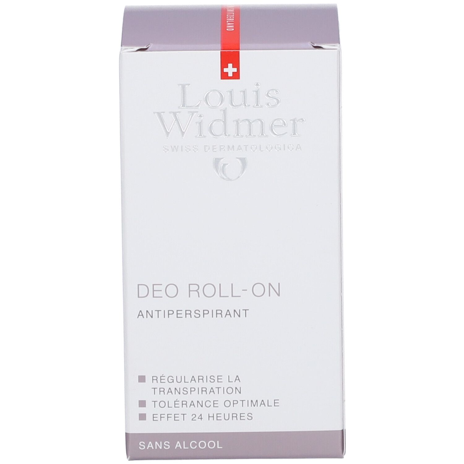 Verpakking van Louis Widmer deo roll-on. Wit met rood kruis. Zonder alcohol.