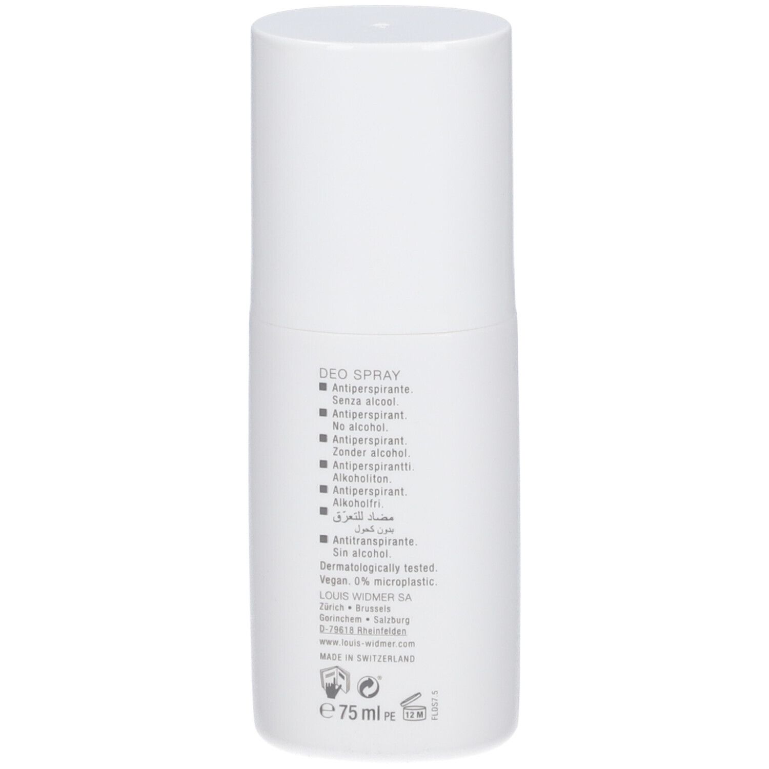 Achterkant van de witte deodorant spray. Tekst: Deo Spray, zonder alcohol, dermatologisch getest, vegan. Logo rood kruis.