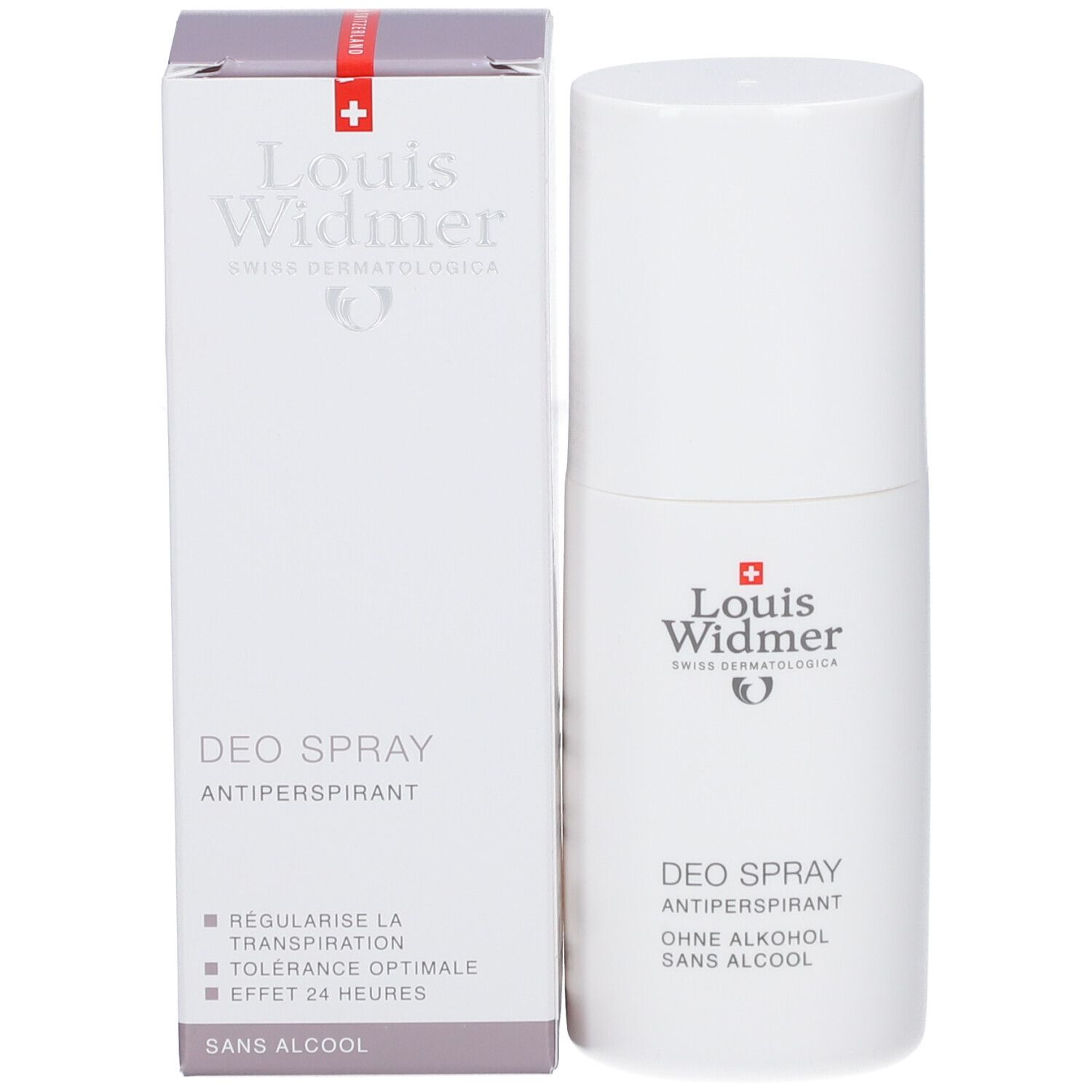 Deo-spray en verpakking van Louis Widmer. Opschrift: Deo Spray, zonder alcohol. Logo met rood kruis. Verpakking met paarse accenten.