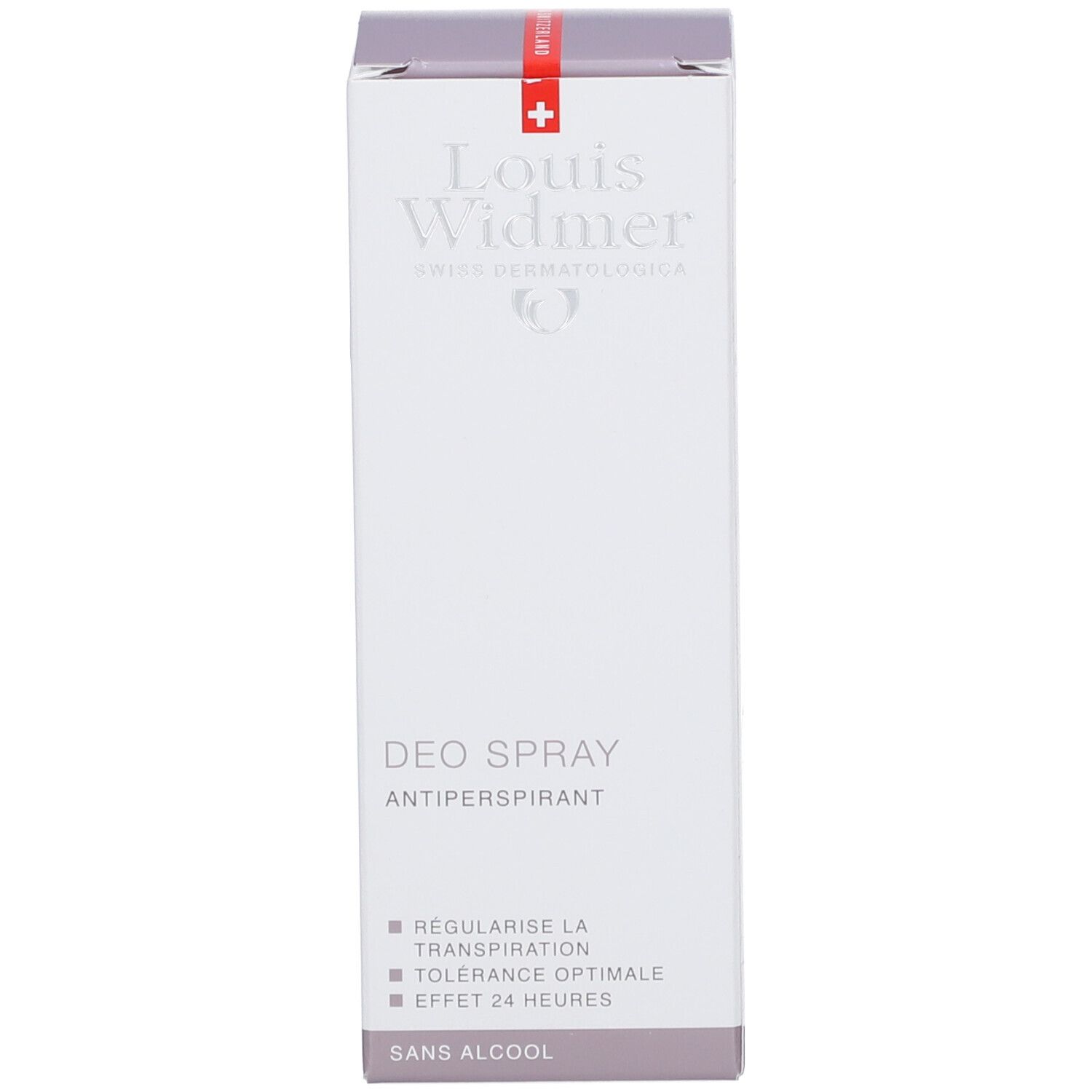 Verpakking van de deo-spray. Opschrift: Deo Spray, zonder alcohol. Logo met rood kruis. Paarse accenten. Tekst: reguleert de transpiratie.