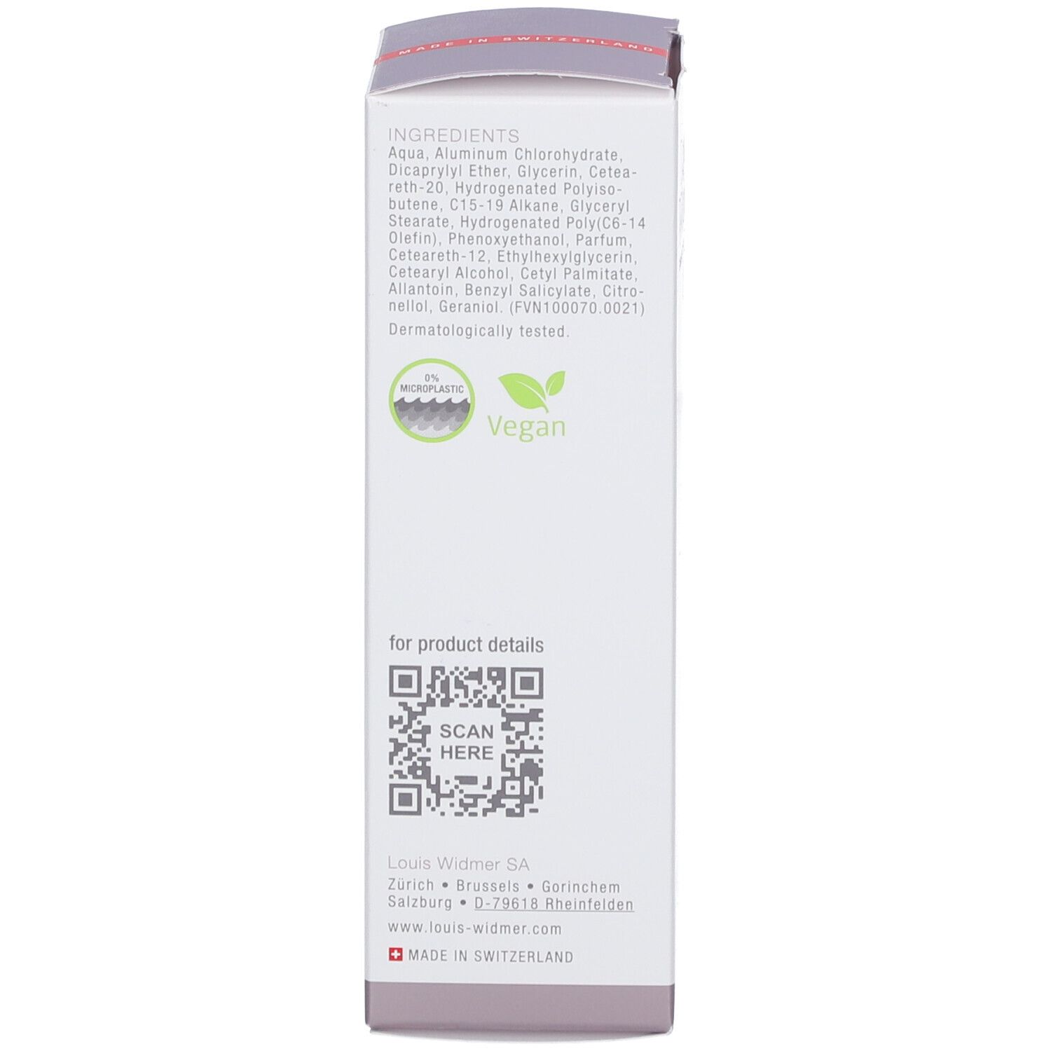Achterkant van de verpakking van de deo-spray. Ingrediënten, logo: 0% microplastics, vegan. QR-code voor meer informatie.