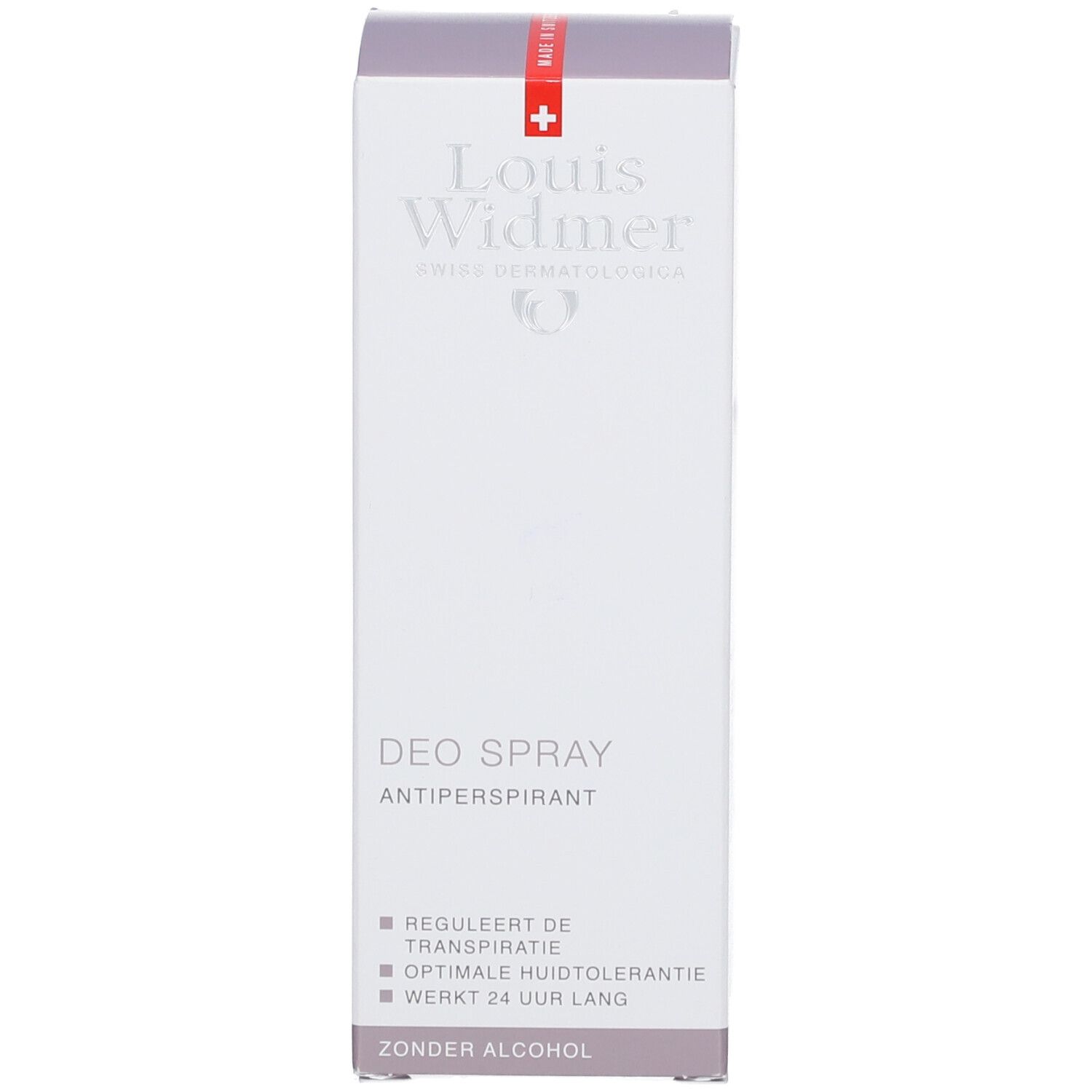 Verpakking van de deo-spray. Opschrift: Deo Spray, zonder alcohol. Logo met rood kruis. Tekst: reguleert de transpiratie, zonder alcohol.