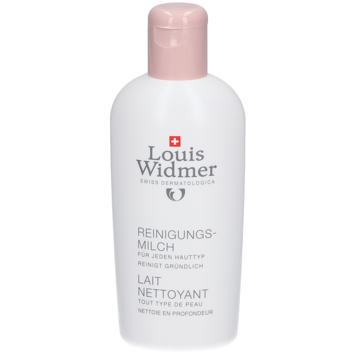 Witte fles met roze dop. Opschrift: Louis Widmer, Reinigingsmelk. Zwitsers kruis.