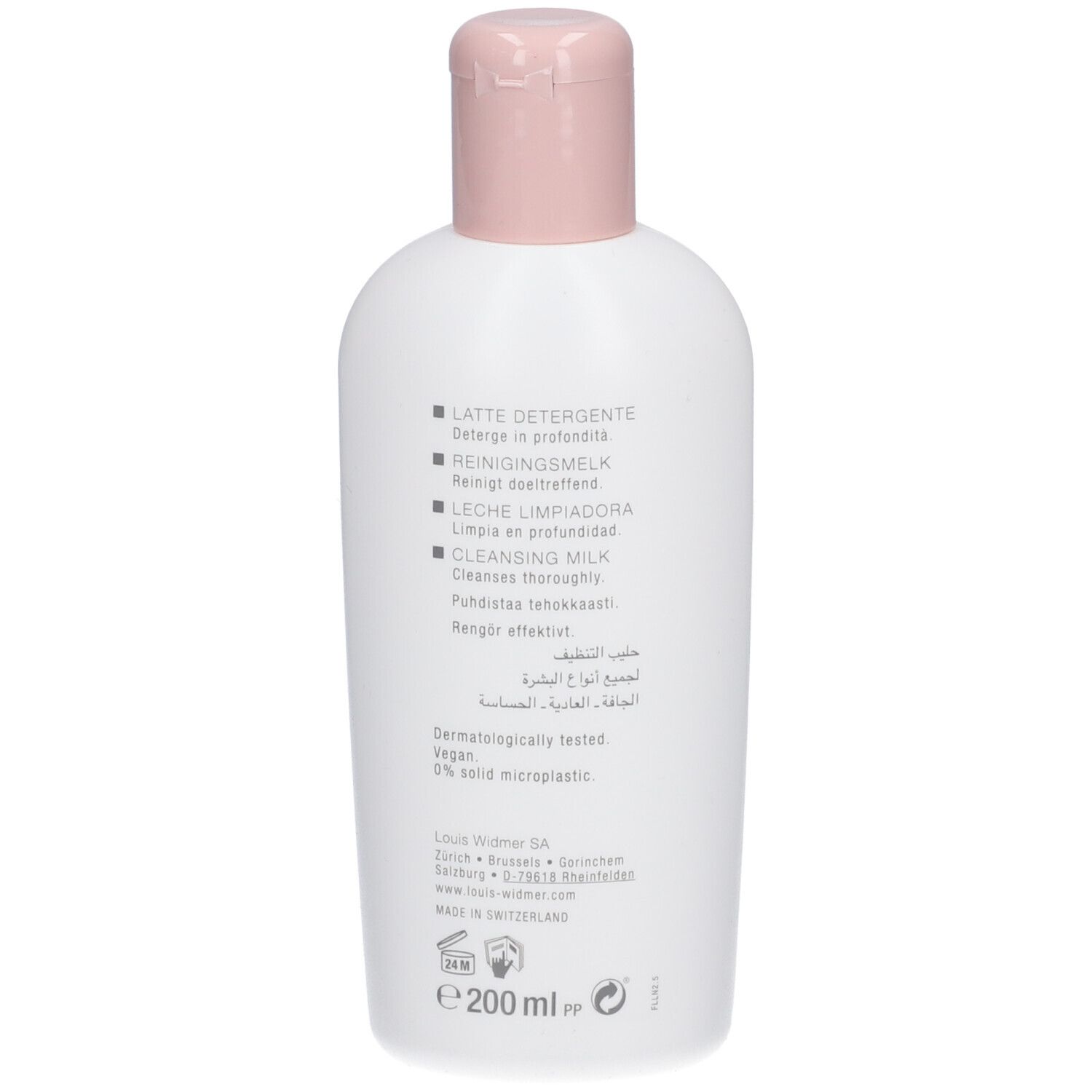 Achterkant van de fles. Meertalige productinformatie. Dermatologisch getest, vegan, 0% microplastics.