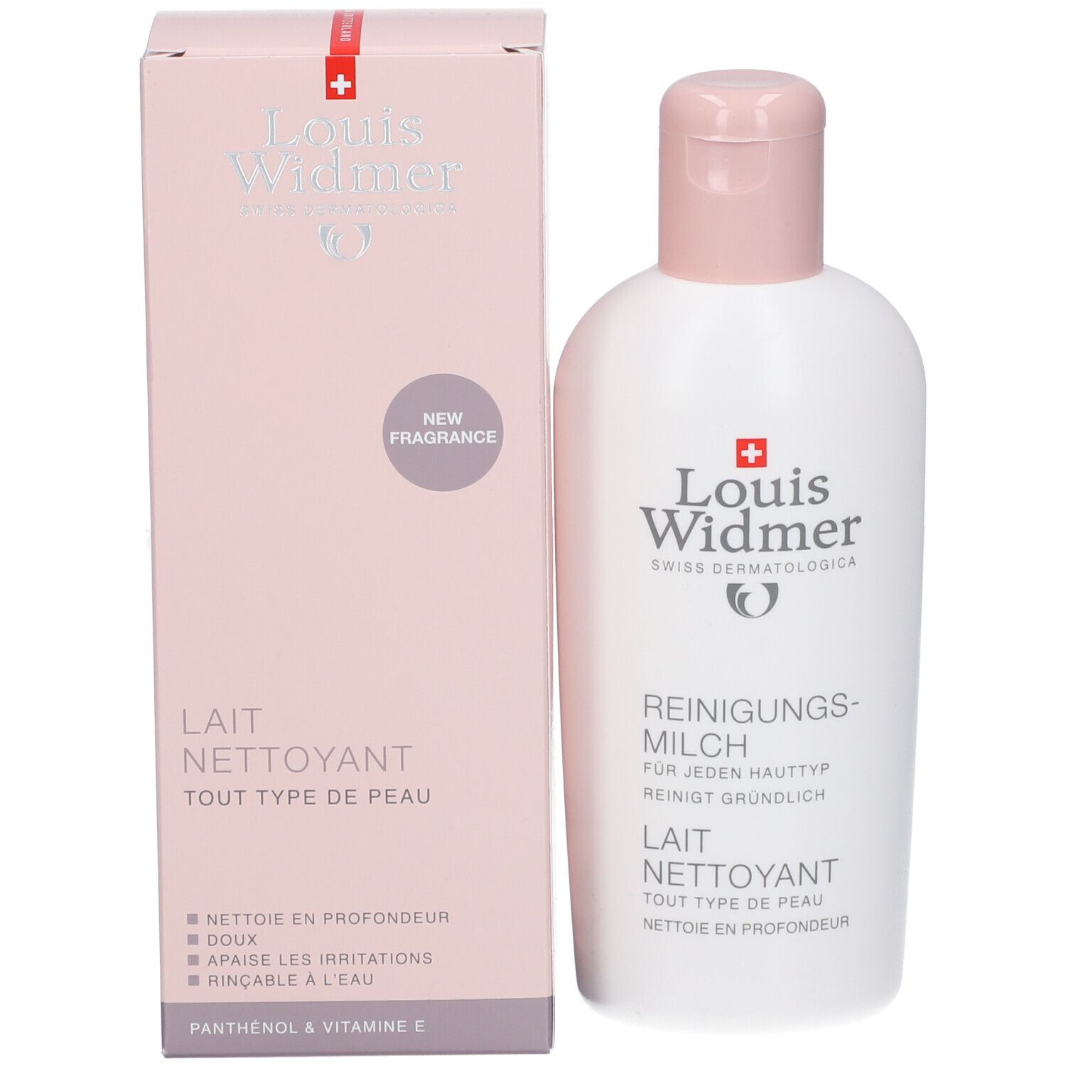 Productfles en verpakking. Roze verpakking met productnaam en logo. Opschrift: New Fragrance.