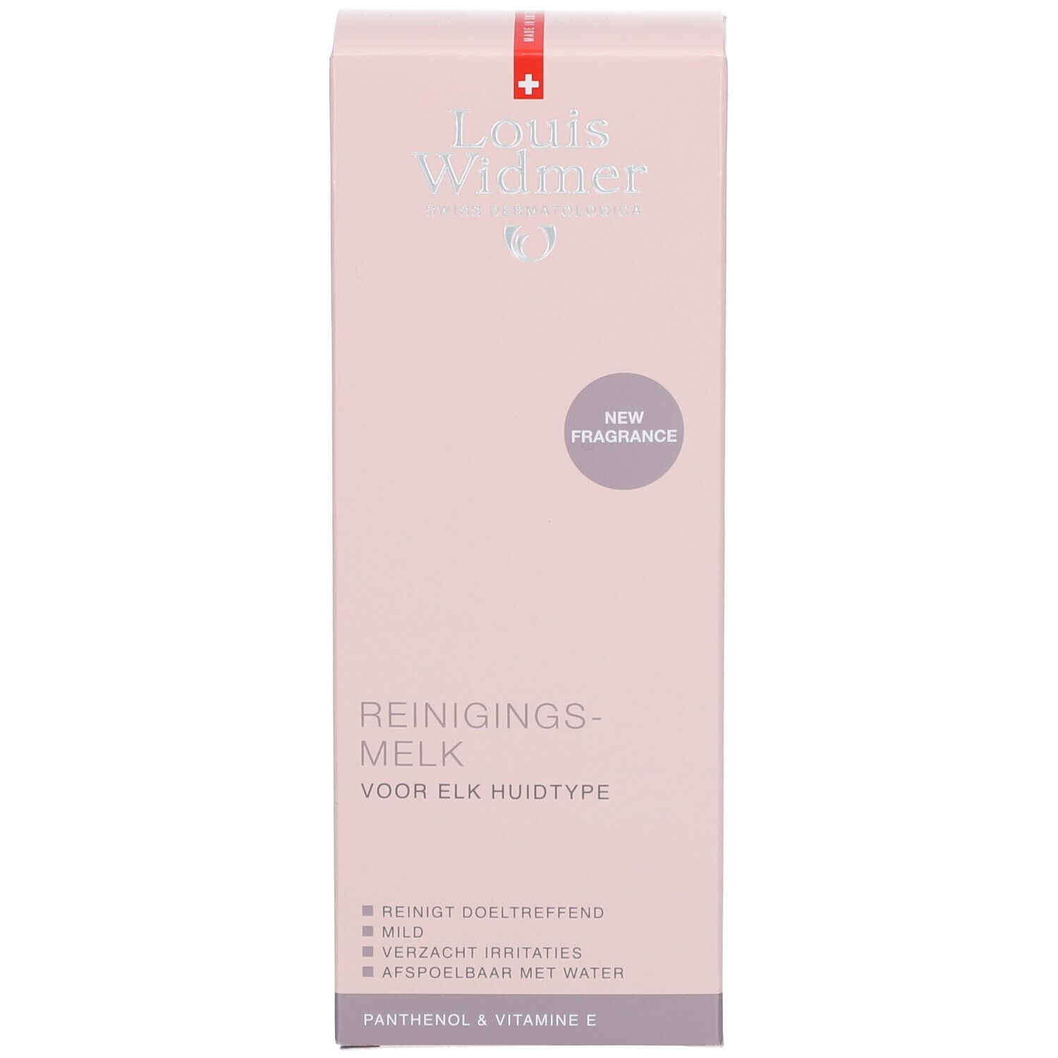 Roze verpakking. Productnaam, logo, opschrift: New Fragrance. Voor elk huidtype.