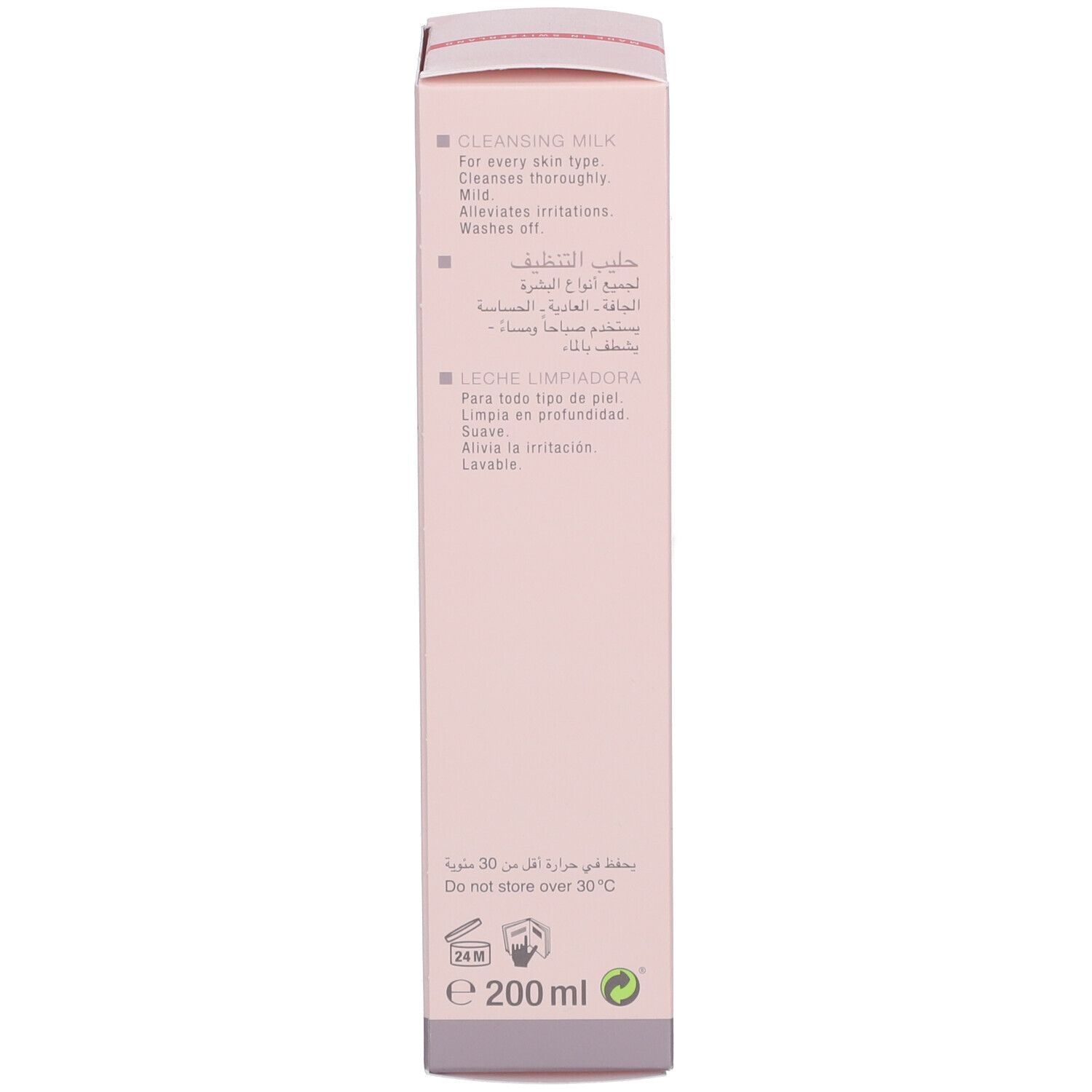 Achterkant van de verpakking. Meertalige productinformatie. Vegan zegel. 200 ml.