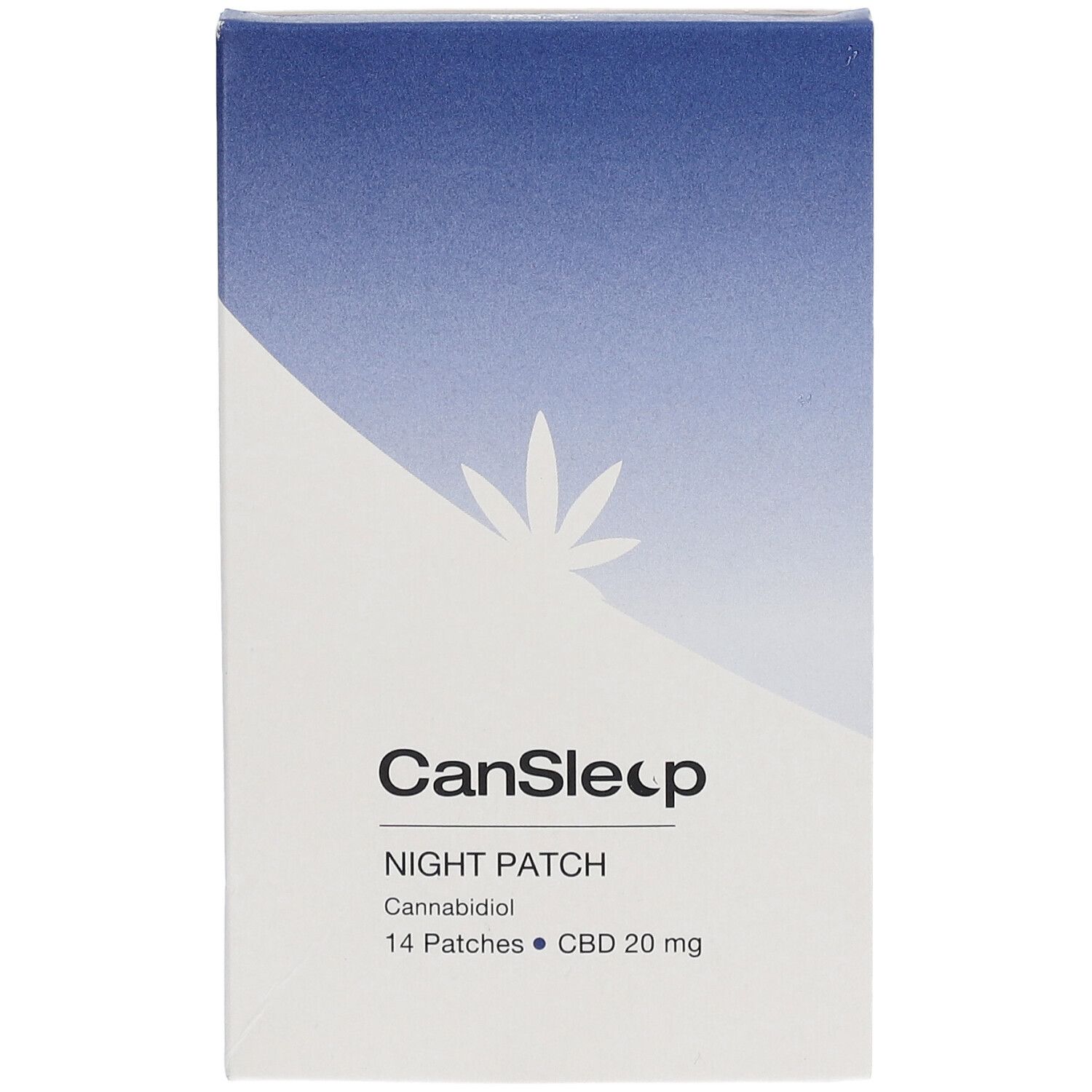 Emballage Cansleep Night Patch. Design blanc et bleu. Inscription: 14 patchs, CBD 20 mg. Logo feuille de cannabis.