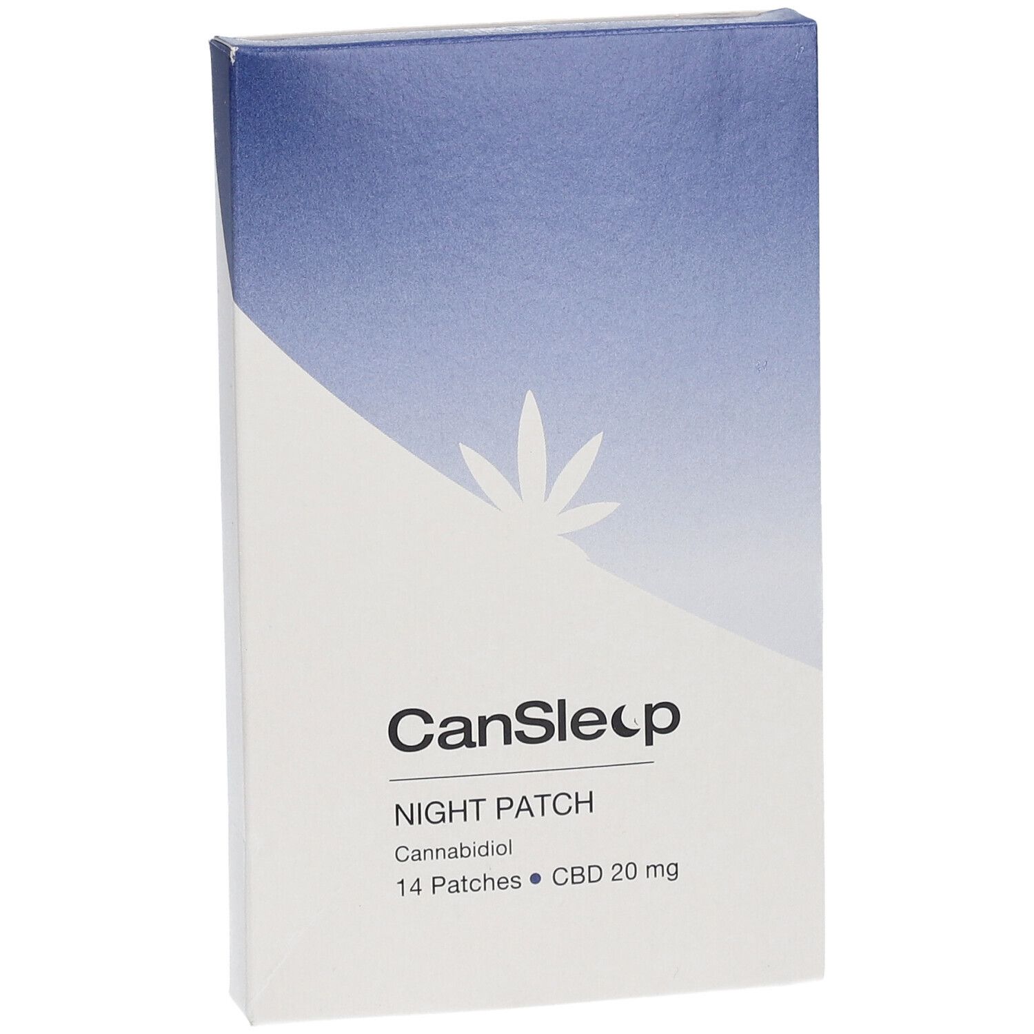 Emballage Cansleep Night Patch. Design blanc et bleu. Inscription: 14 patchs, CBD 20 mg. Logo feuille de cannabis.