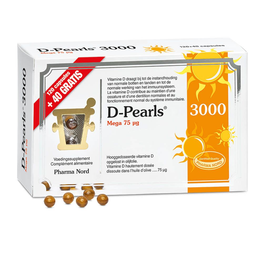 Verpakking D-Pearls 3000. 120 capsules + 40 gratis. Pharma Nord. Opschrift: Vitamine D, immuunsysteem, botten & tanden.