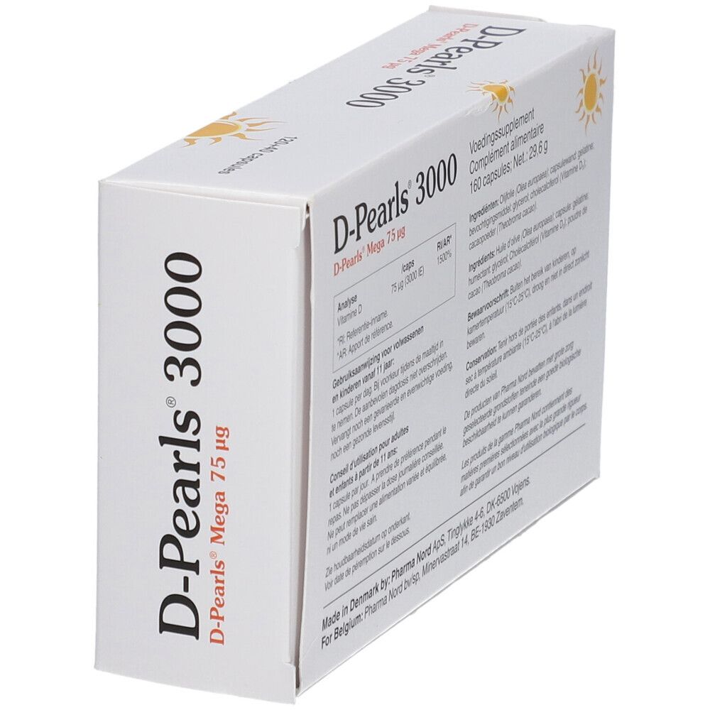 Boîte de D-Pearls 3000. 120 capsules + 40 gratuites. Pharma Nord. Inscription : Vitamine D, immunité, os & dents.