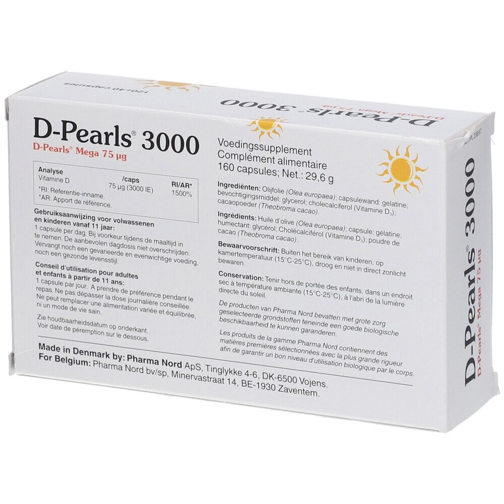 Boîte de D-Pearls 3000. 120 capsules + 40 gratuites. Pharma Nord. Inscription : Vitamine D, immunité, os & dents.