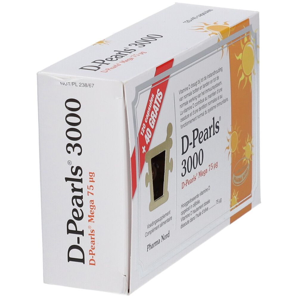 Boîte de D-Pearls 3000. 120 capsules + 40 gratuites. Pharma Nord. Inscription : Vitamine D, immunité, os & dents.