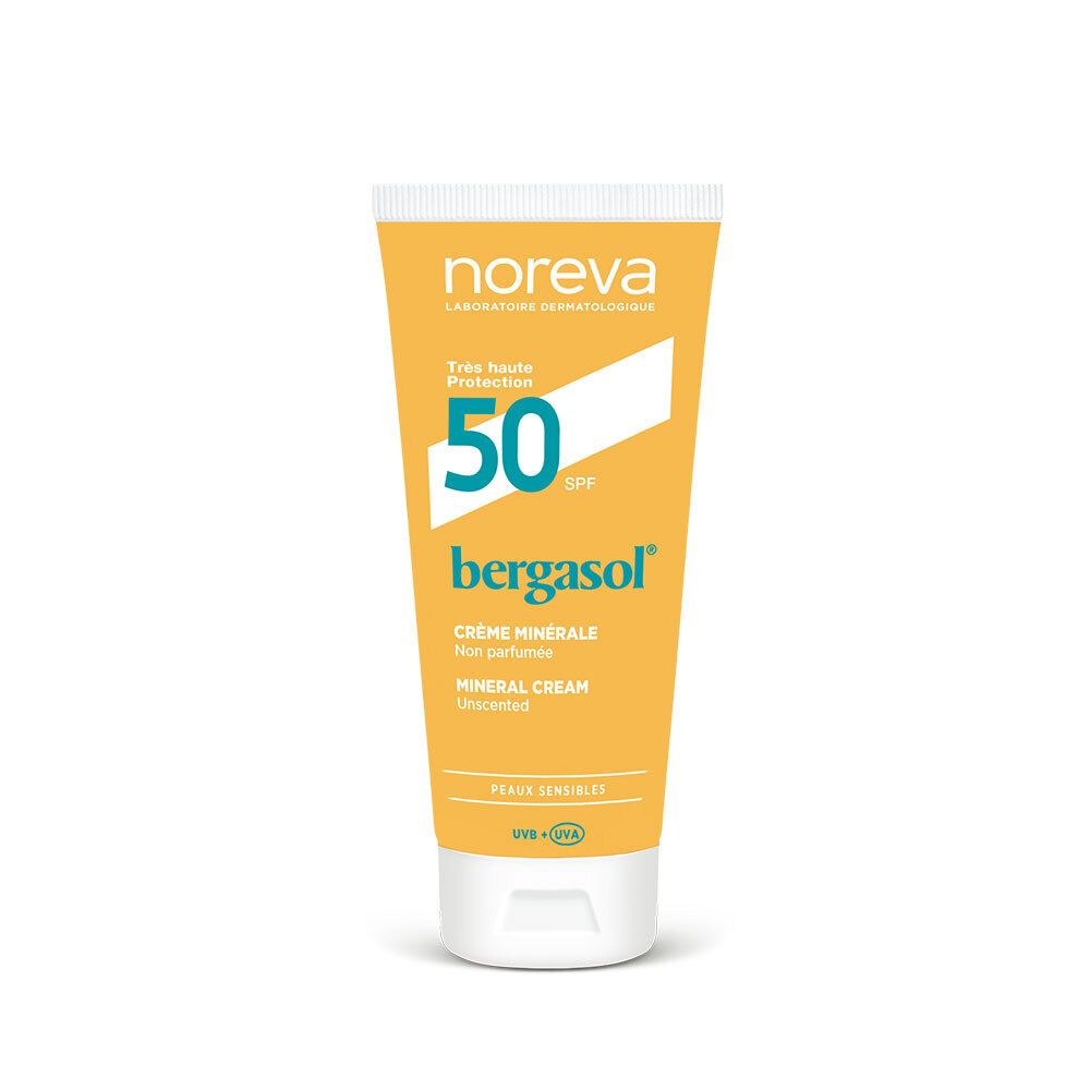 Tube jaune avec bouchon blanc. Inscription: Noreva, bergasol, Crème Minérale SPF 50. Peaux sensibles.