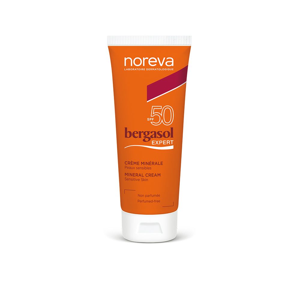 Tube orange avec bouchon blanc. Inscription: Noreva, bergasol EXPERT, Crème Minérale SPF 50. Pour peaux sensibles.