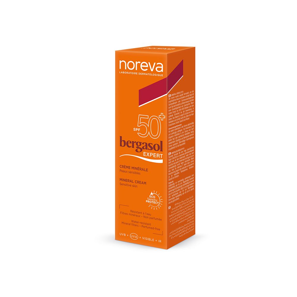 Boîte orange. Inscription: Noreva, bergasol EXPERT, Crème Minérale SPF 50. Avec logo Eco Protect.