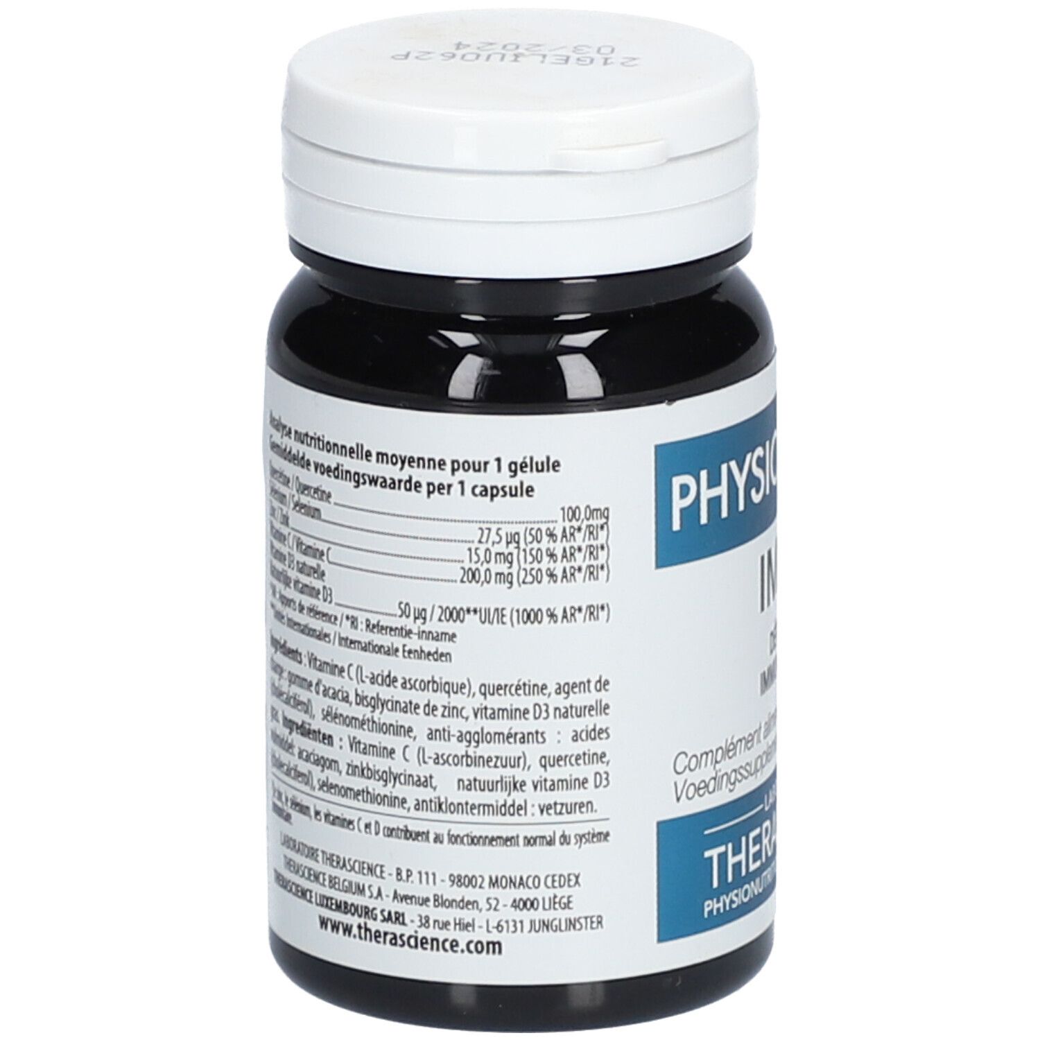 Flacon noir avec bouchon blanc. Inscription: PHYSIOMANCE IMMU. Dos avec informations nutritionnelles et ingrédients. Therascience.