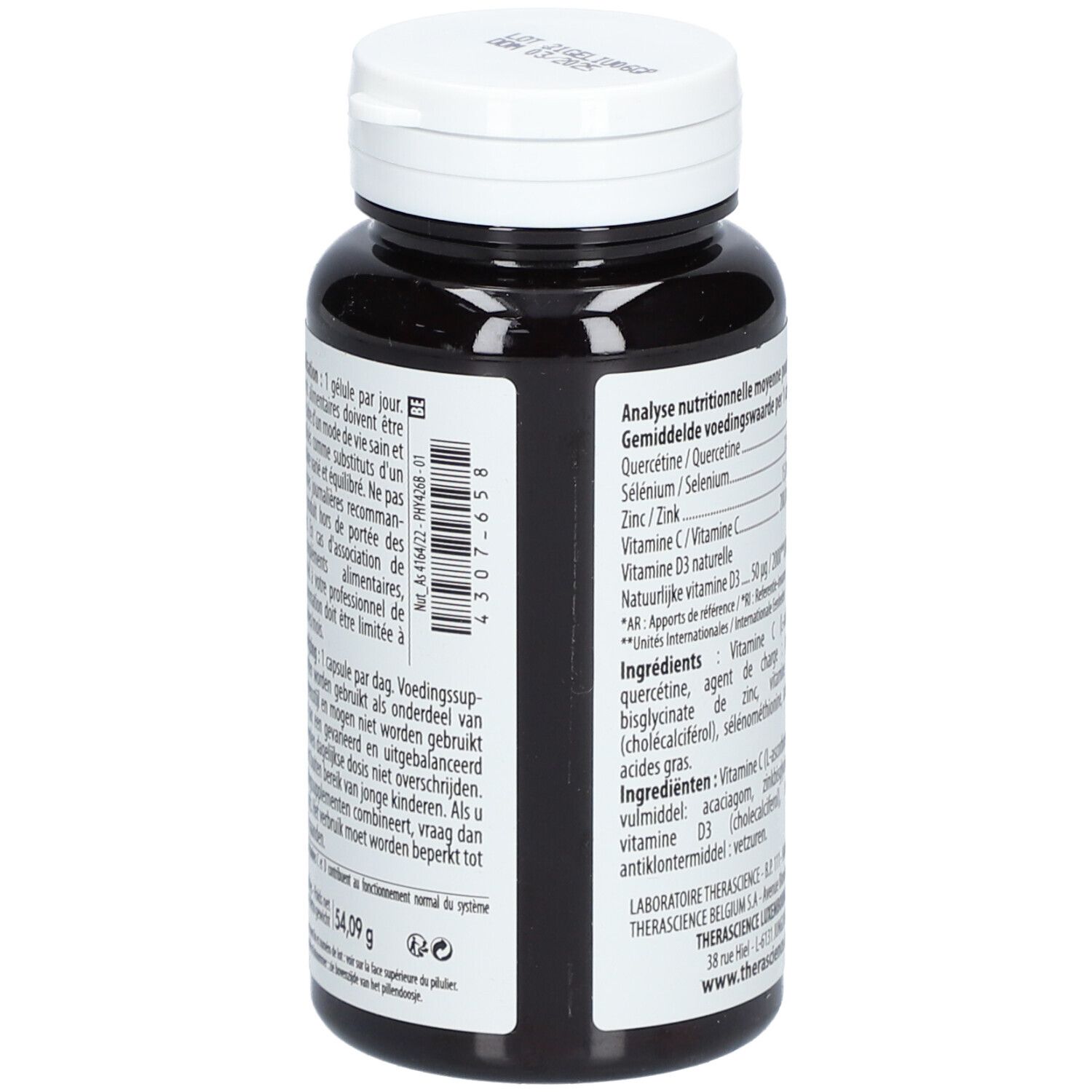Dos du flacon avec informations nutritionnelles et ingrédients. Flacon brun foncé avec bouchon blanc.