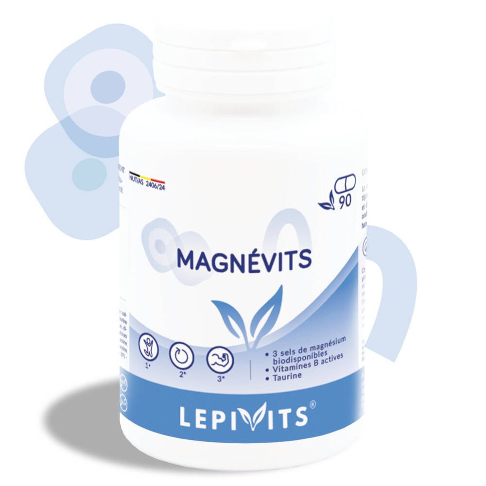 Witte fles met MAGNÉVITS. Bevat 90 capsules. Blauwe accenten en LEPIVITS-logo.