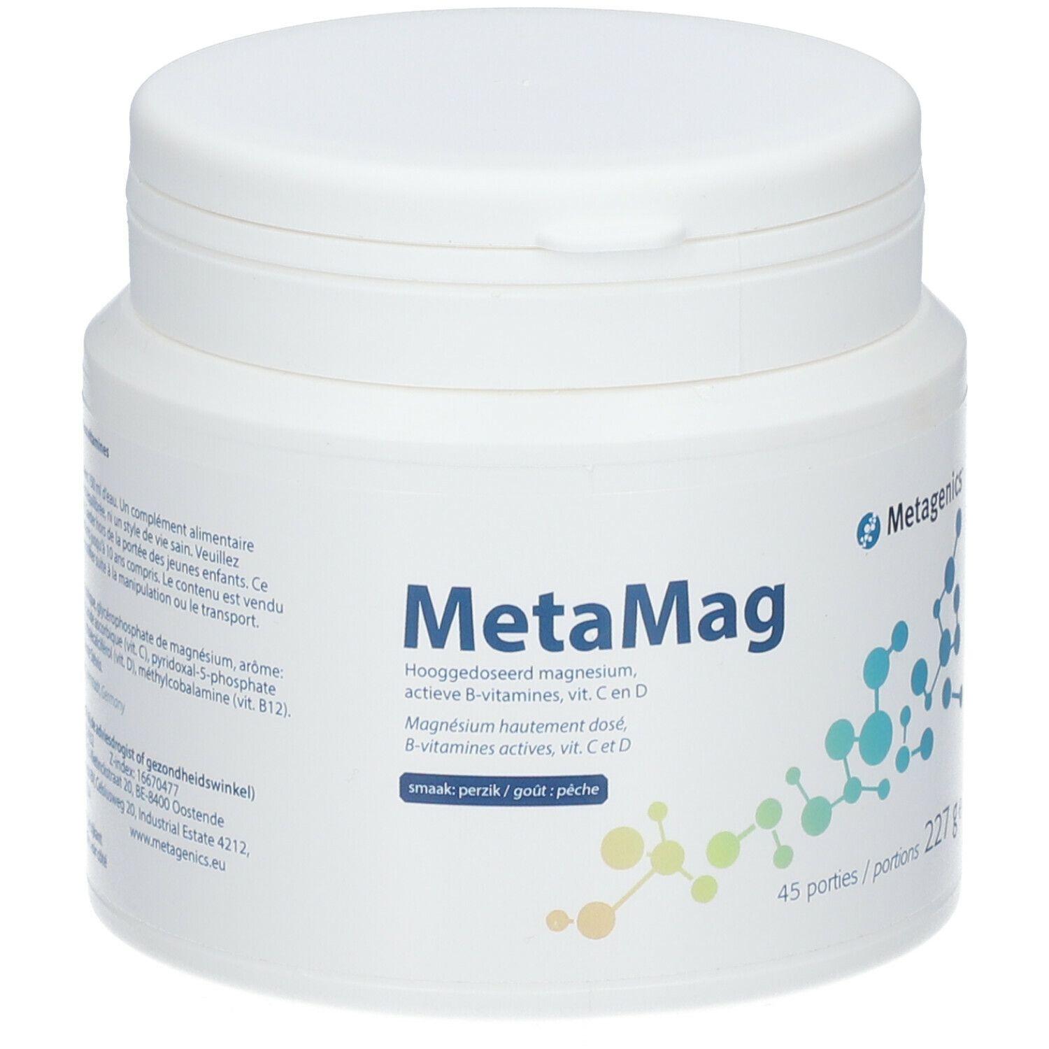 Witte pot. Opschrift MetaMag, 45 porties, 227 g. Bevat magnesium, B, C en D vitaminen. Merk Metagenics.