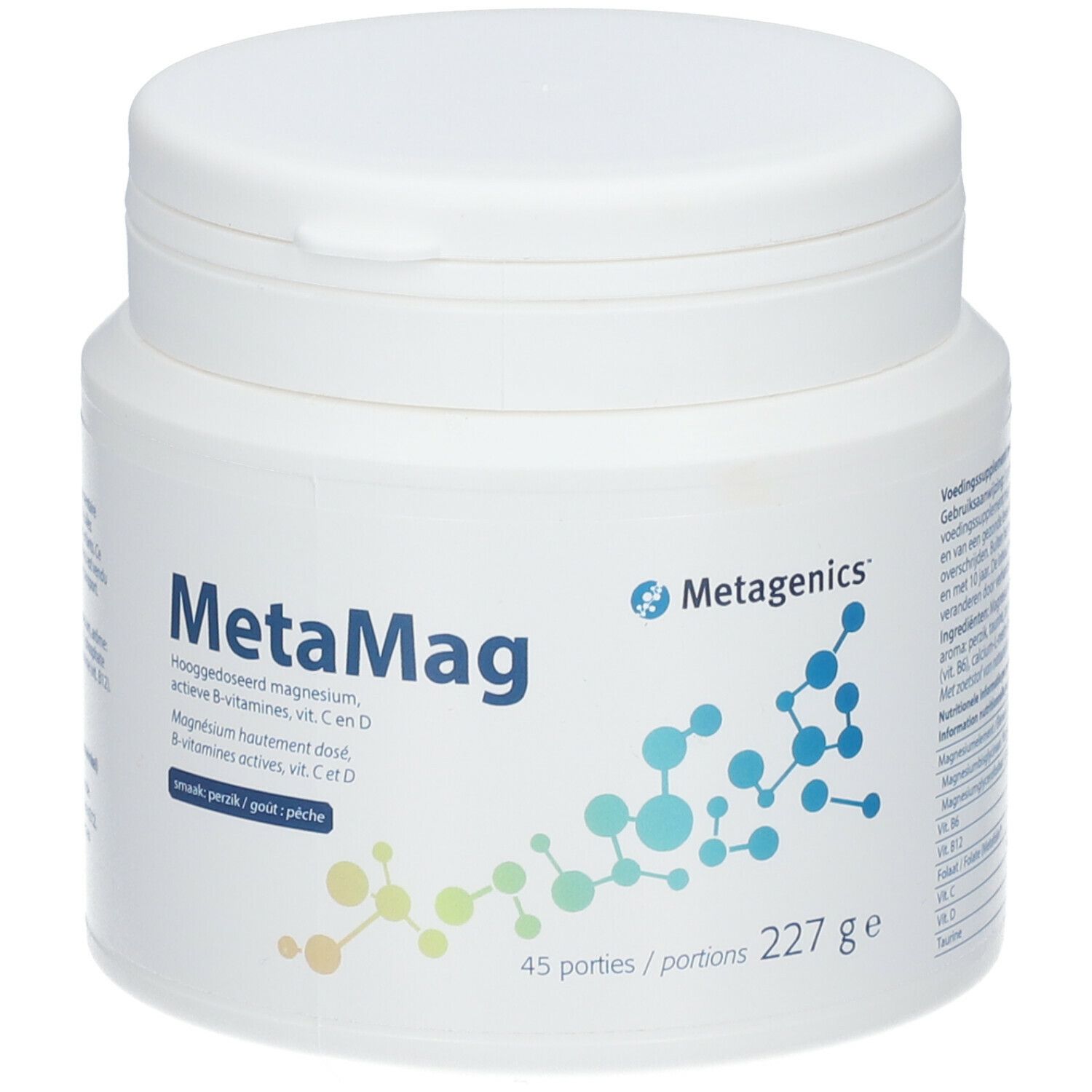 Witte pot. Opschrift MetaMag, 45 porties, 227 g. Bevat magnesium, B, C en D vitaminen. Merk Metagenics.