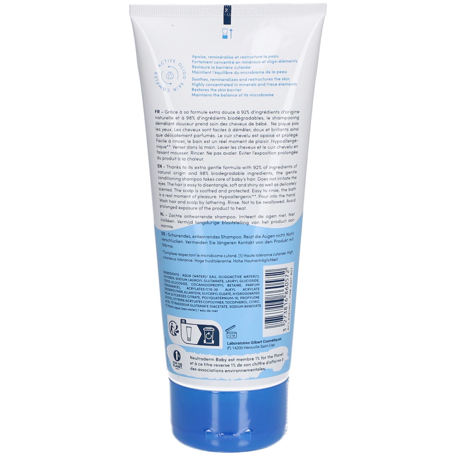 Rückseite der Neutraderm Baby Shampoo-Tube. Text: Inhaltsstoffe, Gebrauchsanweisung. Blau, weiß. 200 ml. Für Babys. Dermatologisch getestet.