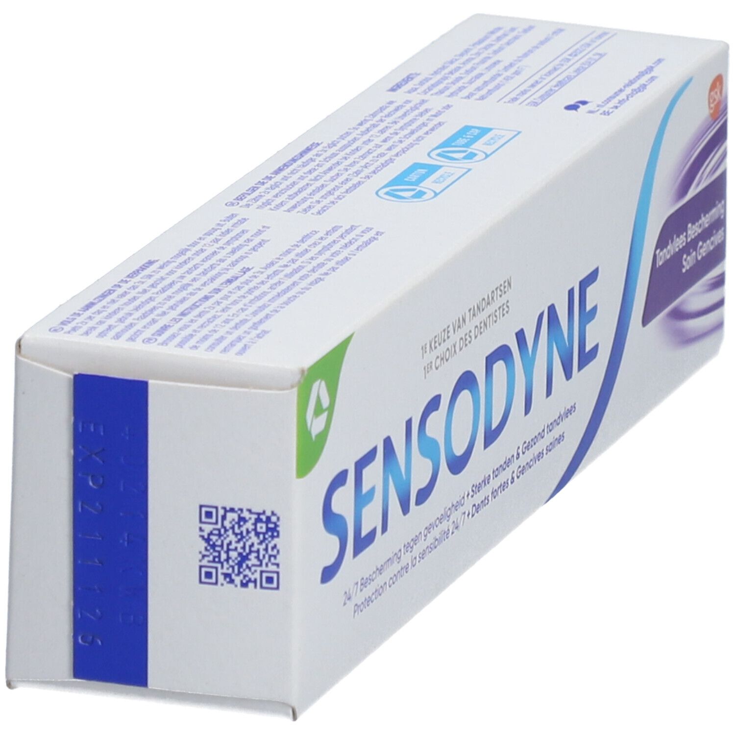 Boîte Sensodyne, 'Tandvlees Bescherming', code QR.