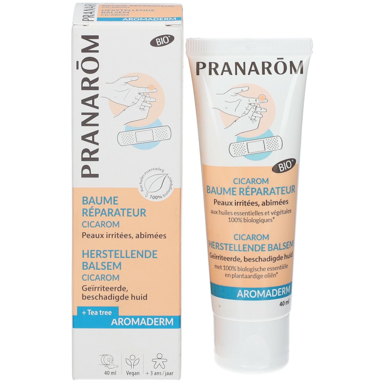 Produktverpackung mit Tube und Karton. Logo und Produktname: Cicarom Baume Réparateur Bio. Abbildung: Hand mit Pflaster.