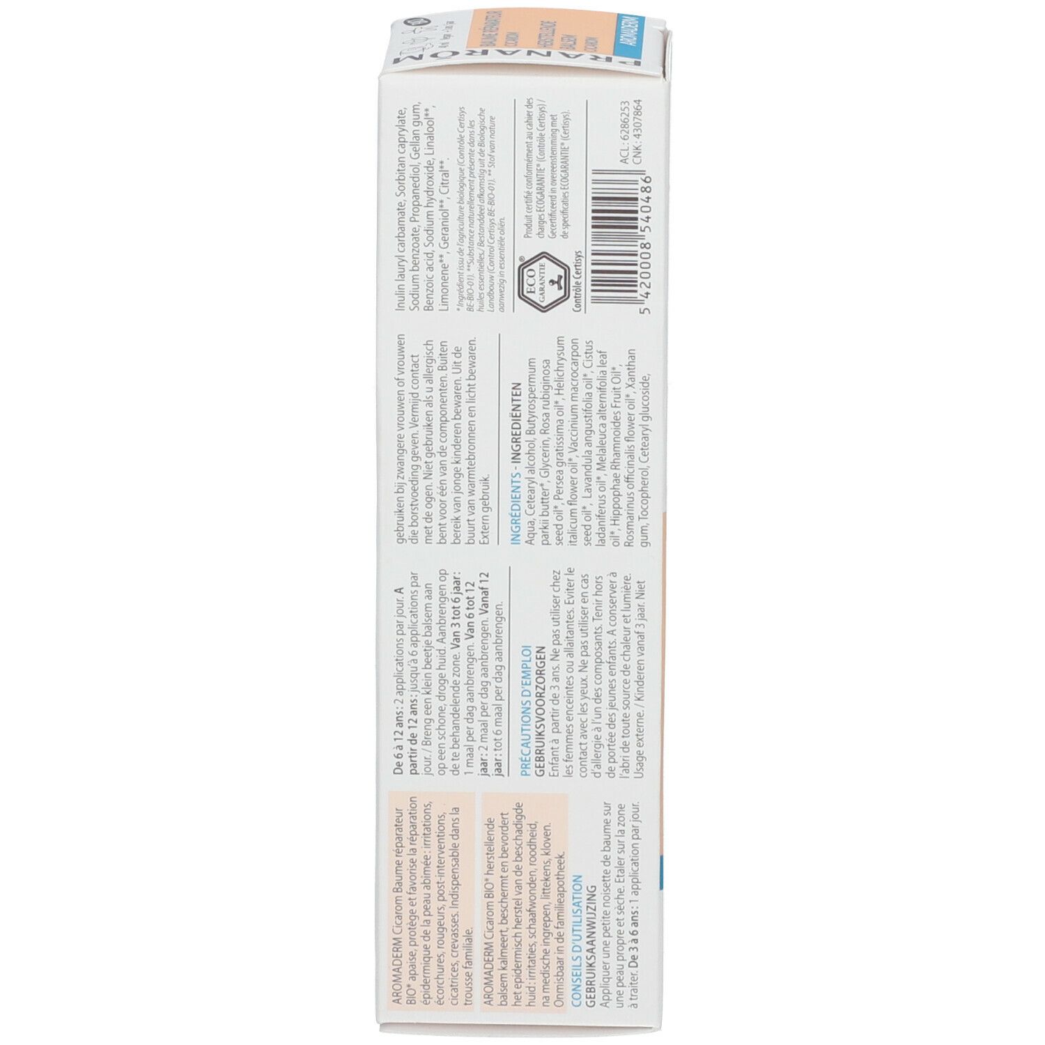 Produktkarton, Seitenansicht. Text: Inhaltsstoffe, Anwendungshinweise. Weißer Hintergrund.