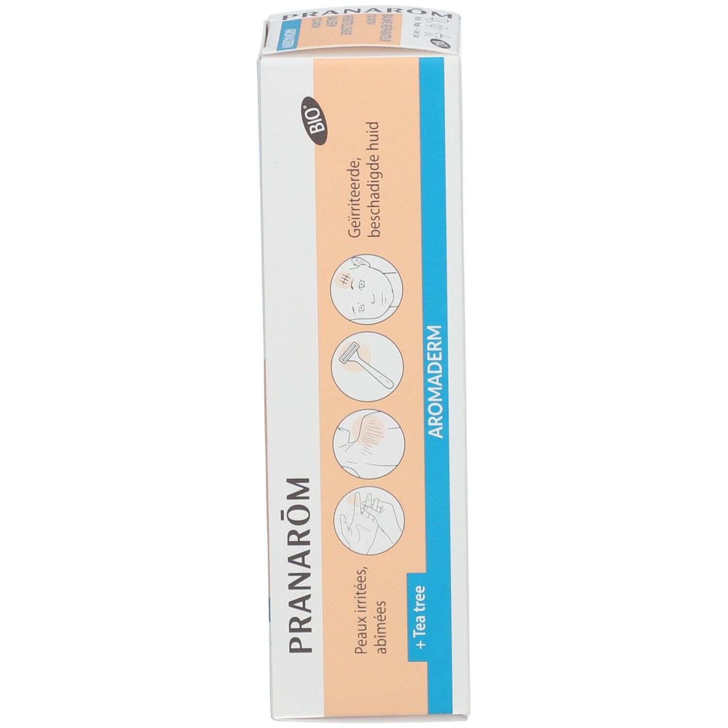 Produktkarton, Seitenansicht. Logo und Produktname: Cicarom Baume Réparateur Bio. Illustrationen: Hautpflege.