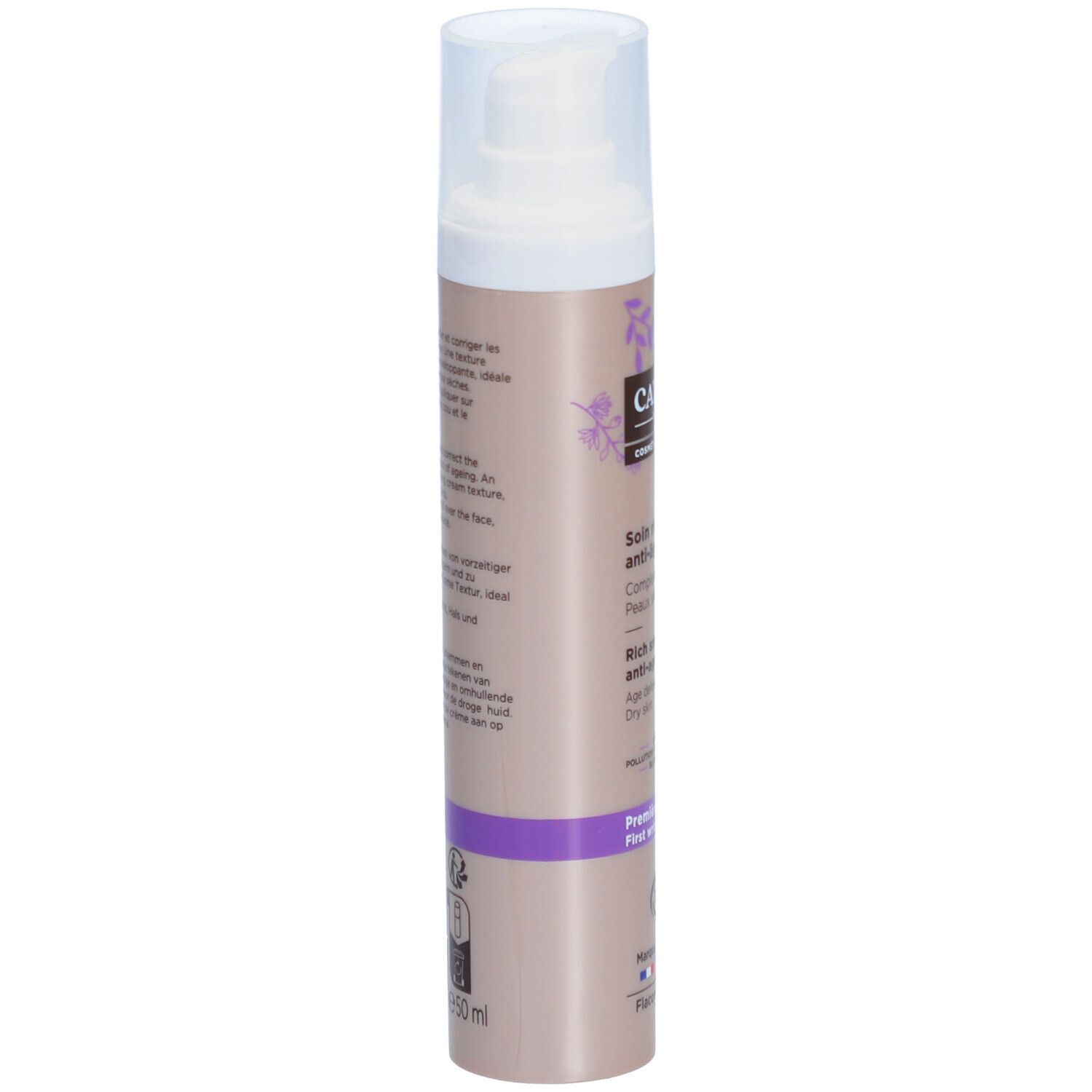 Cattier-Creme, Seitenansicht. Text: Anti-Age, für trockene Haut. Bio-Zertifizierung, vegan. Flasche recycelbar.
