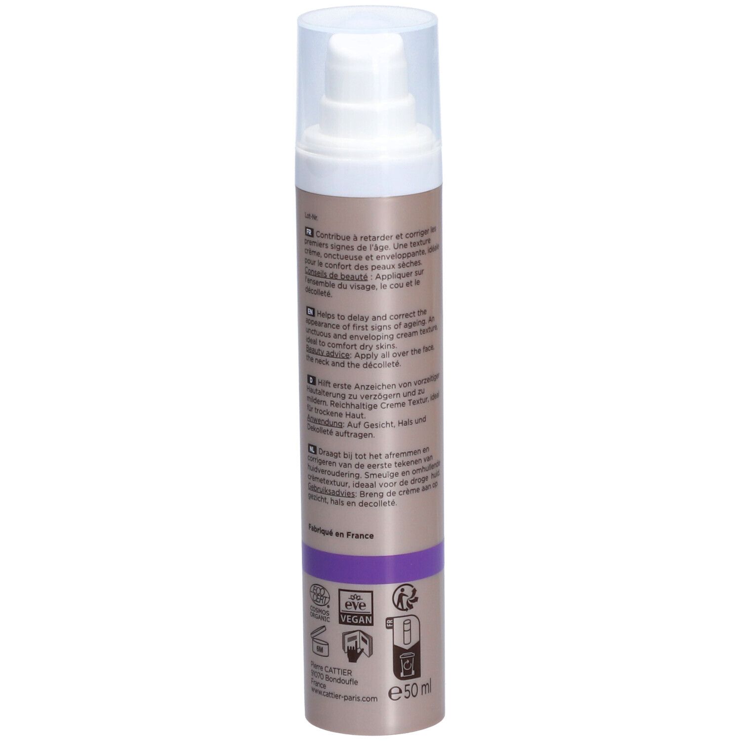 Cattier-Creme, Seitenansicht. Text in mehreren Sprachen. Bio-Zertifizierung, vegan. Flasche recycelbar. 50 ml.