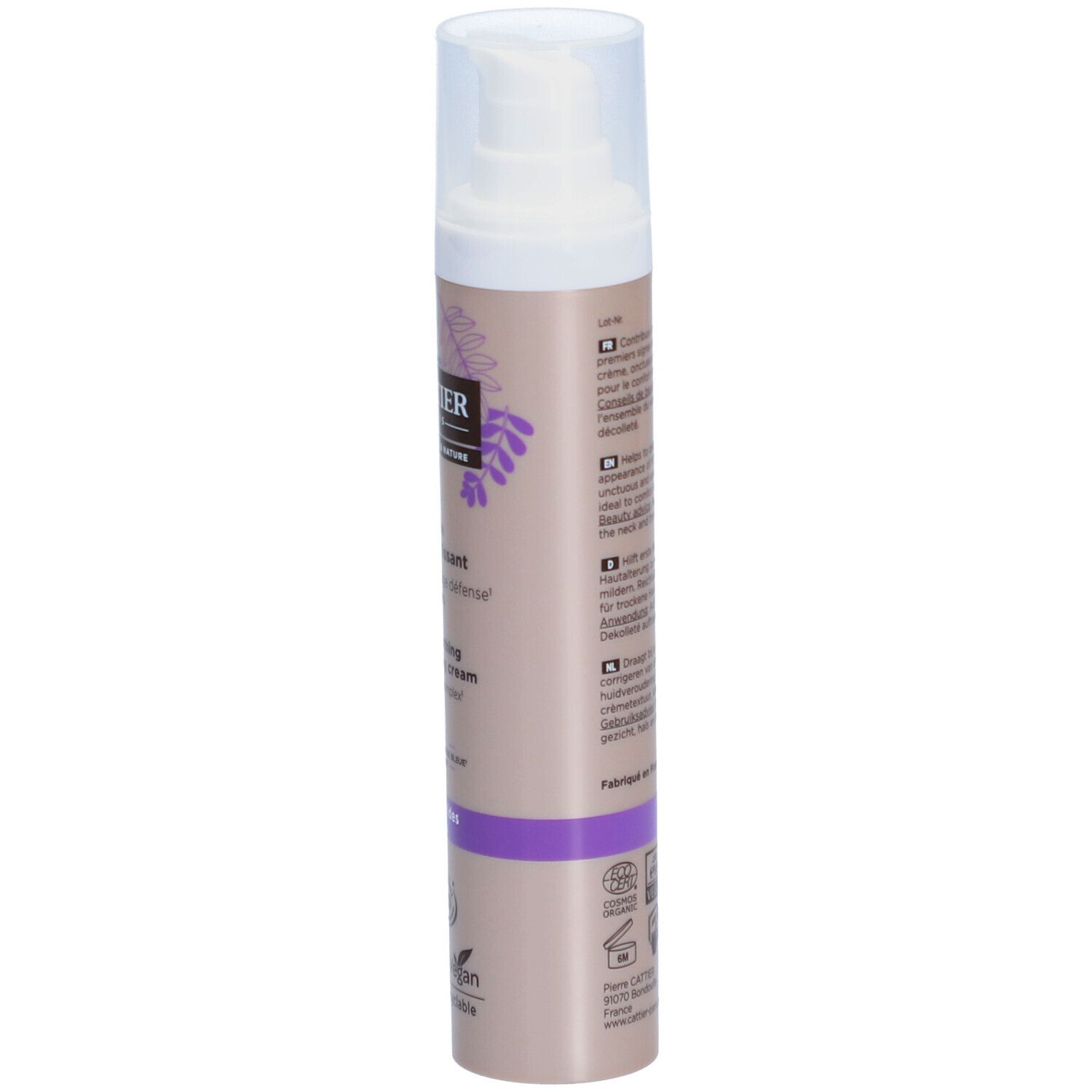 Cattier-Creme, Seitenansicht. Text in mehreren Sprachen. Bio-Zertifizierung, vegan. Flasche recycelbar. 50 ml.