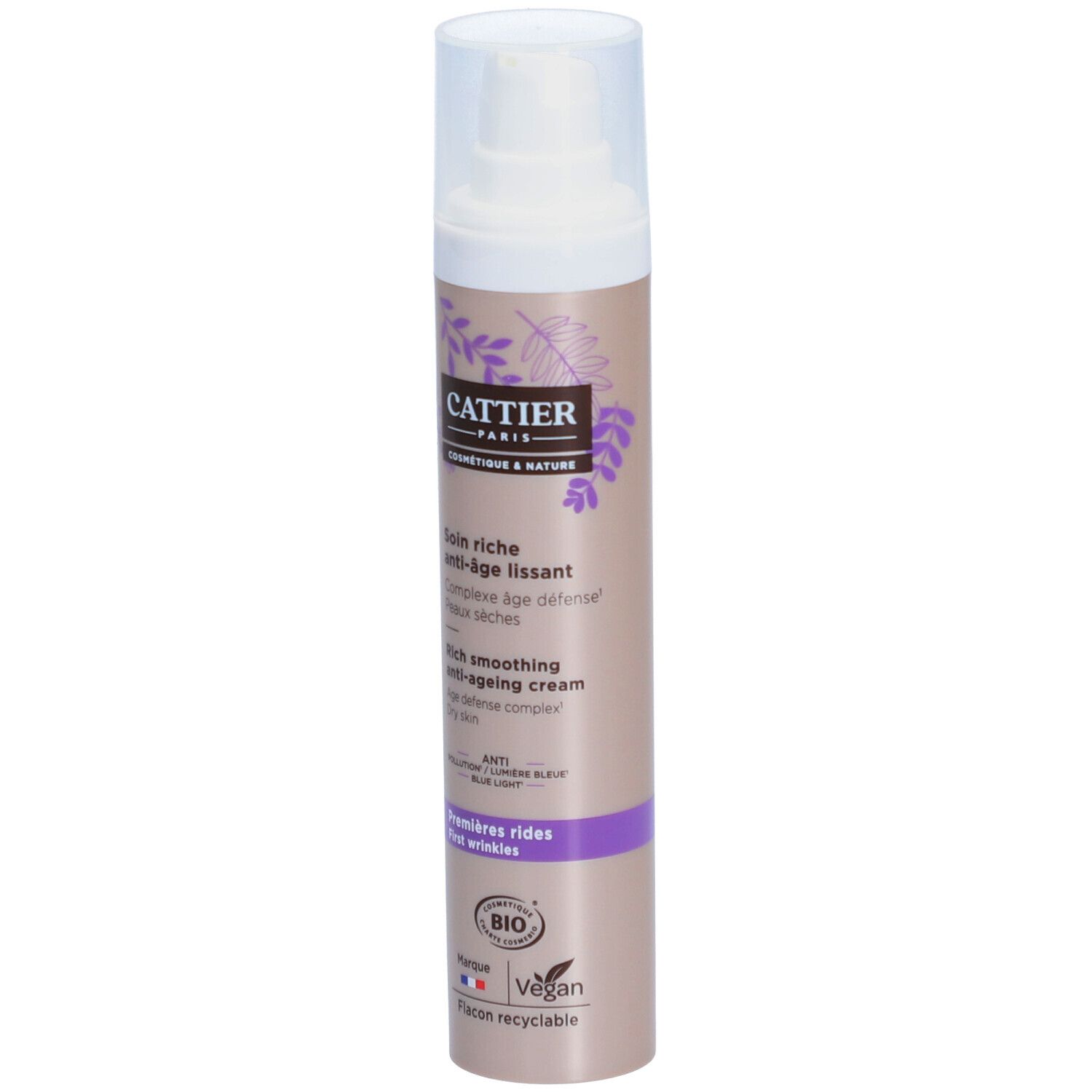 Cattier-Creme, weißer Spender, lila Etikett. Text: Anti-Age, für trockene Haut. Bio-Zertifizierung, vegan.