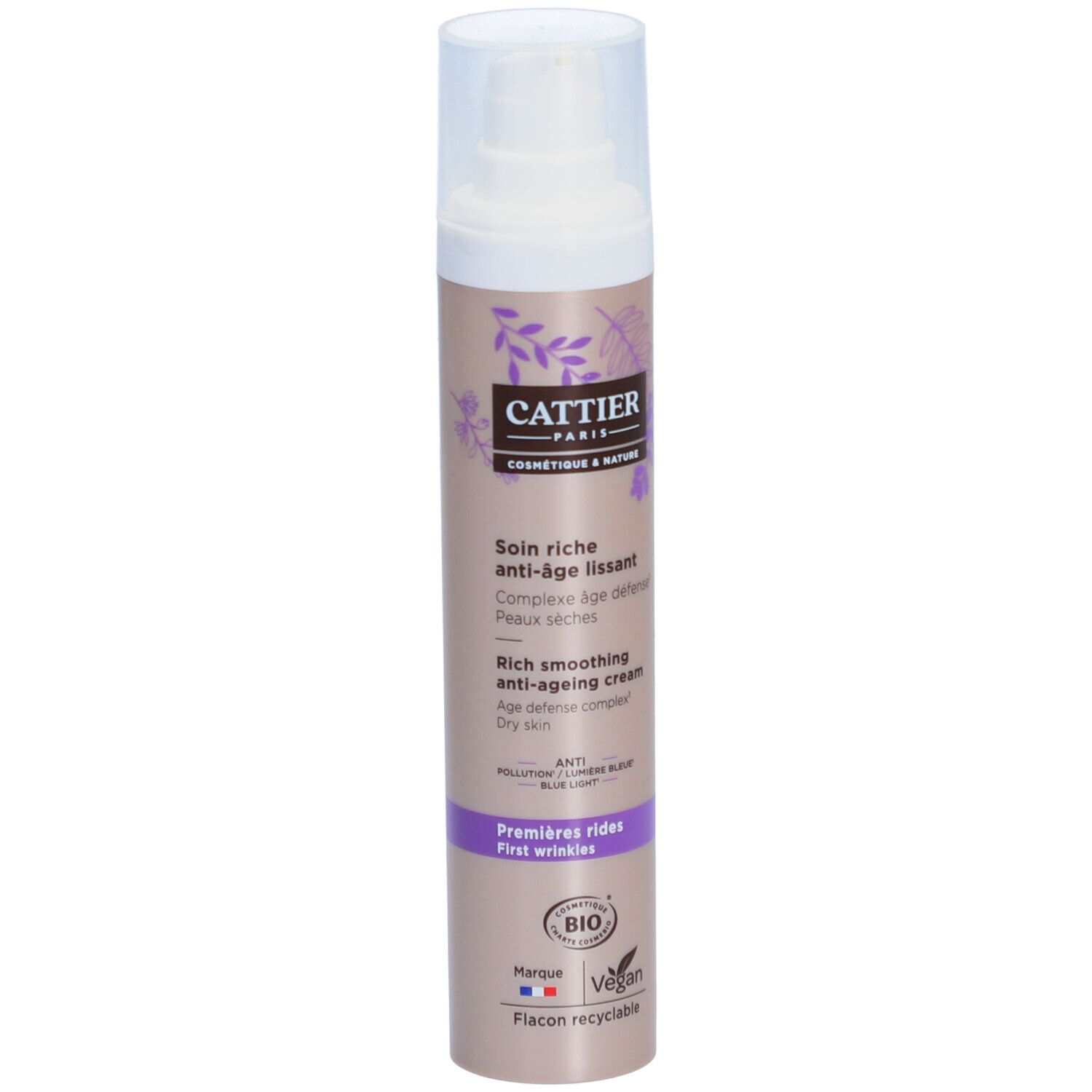 Cattier-Creme, weißer Spender, lila Etikett. Text: Anti-Age, für trockene Haut. Bio-Zertifizierung, vegan.