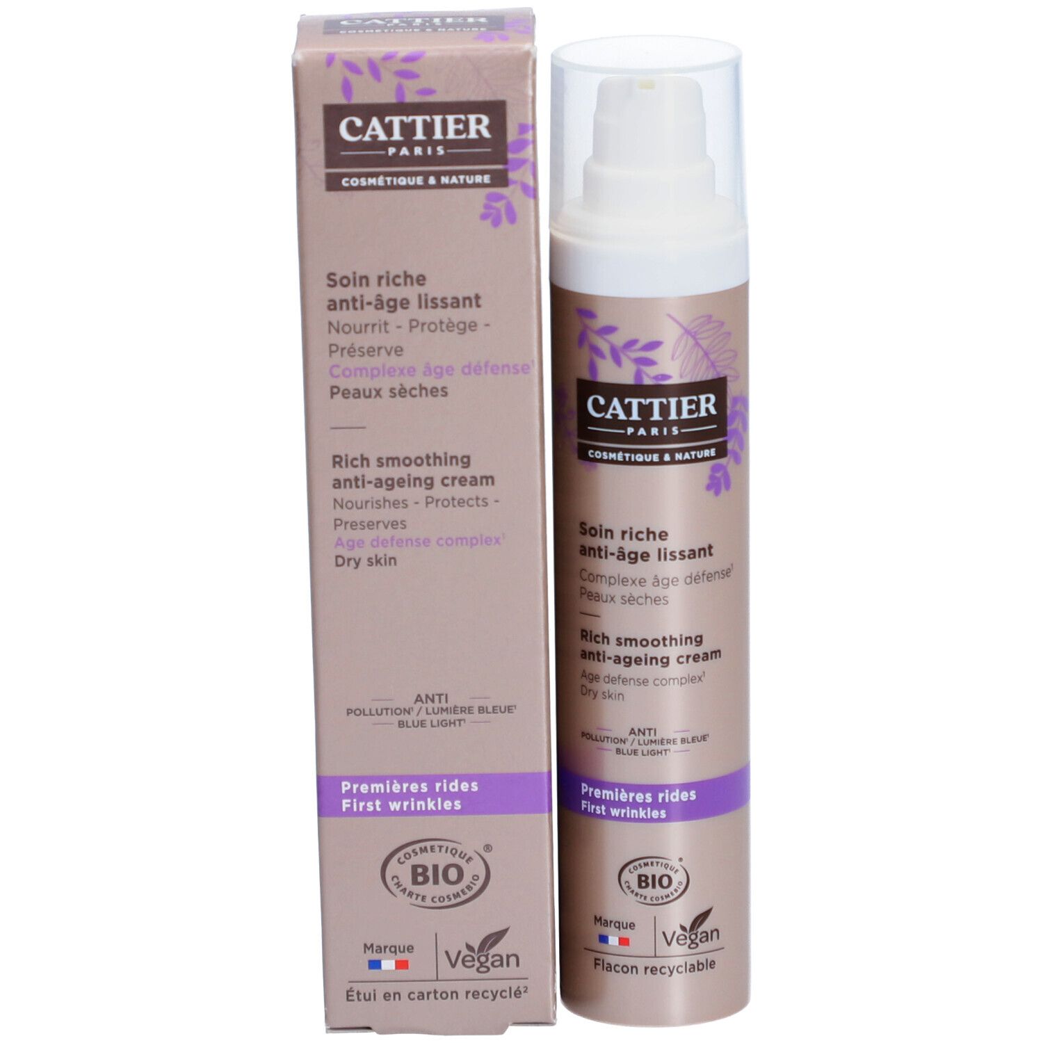 Cattier-Creme mit Verpackung. Creme mit weißem Spender, lila Etikett. Text: Anti-Age, für trockene Haut. Bio.