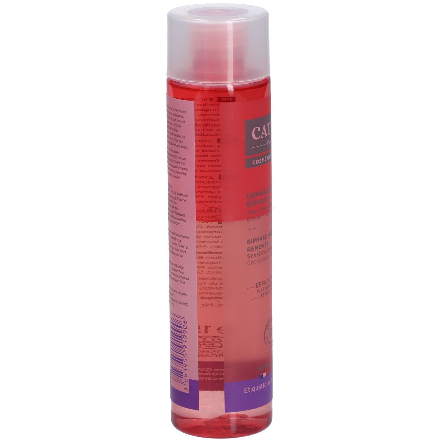 Rückseite des Cattier Biphase Make-up Entferners mit detaillierten Anwendungshinweisen und Inhaltsstoffen.