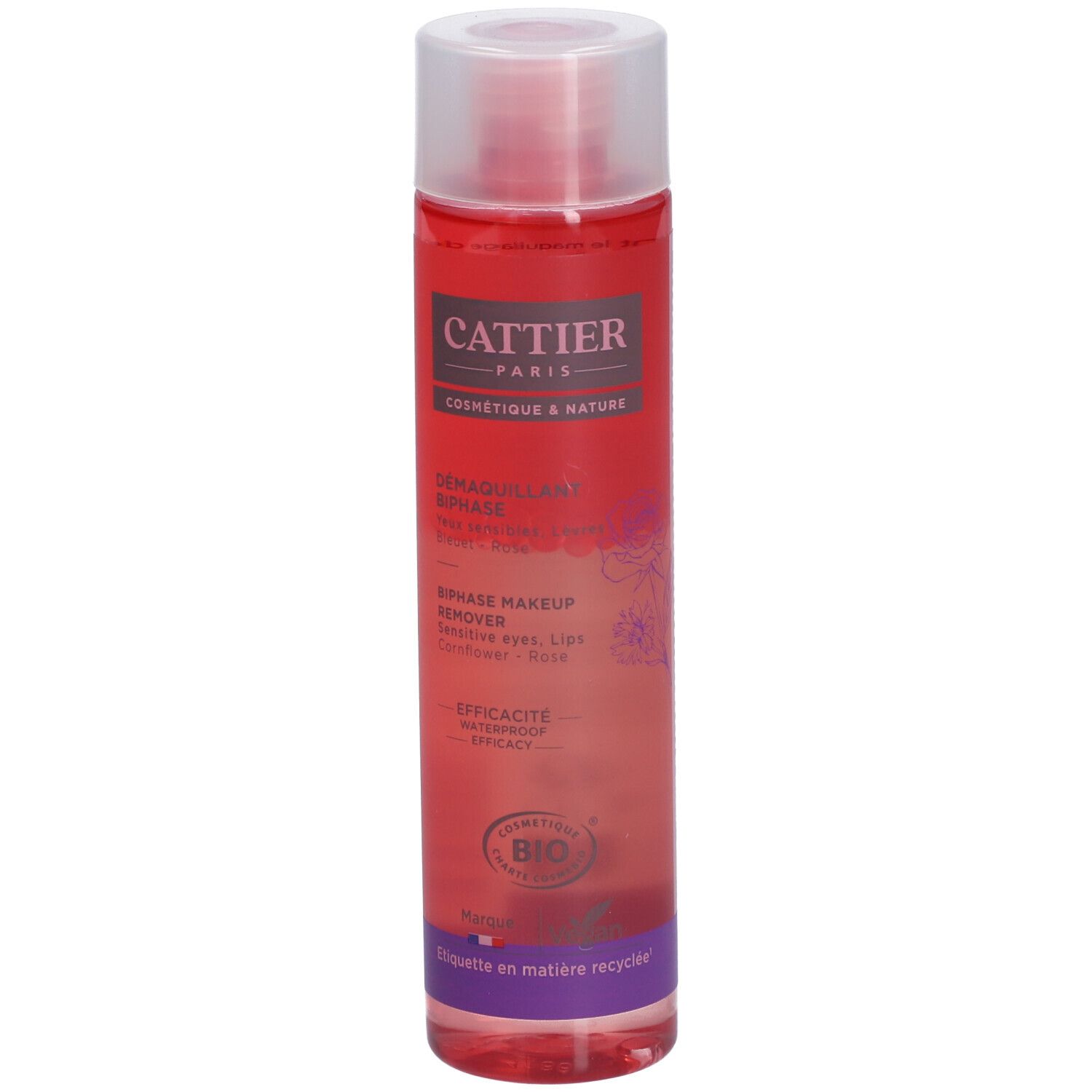 Cattier Biphase Make-up Entferner in einer durchsichtigen Flasche mit roter Flüssigkeit und violettem Etikett.