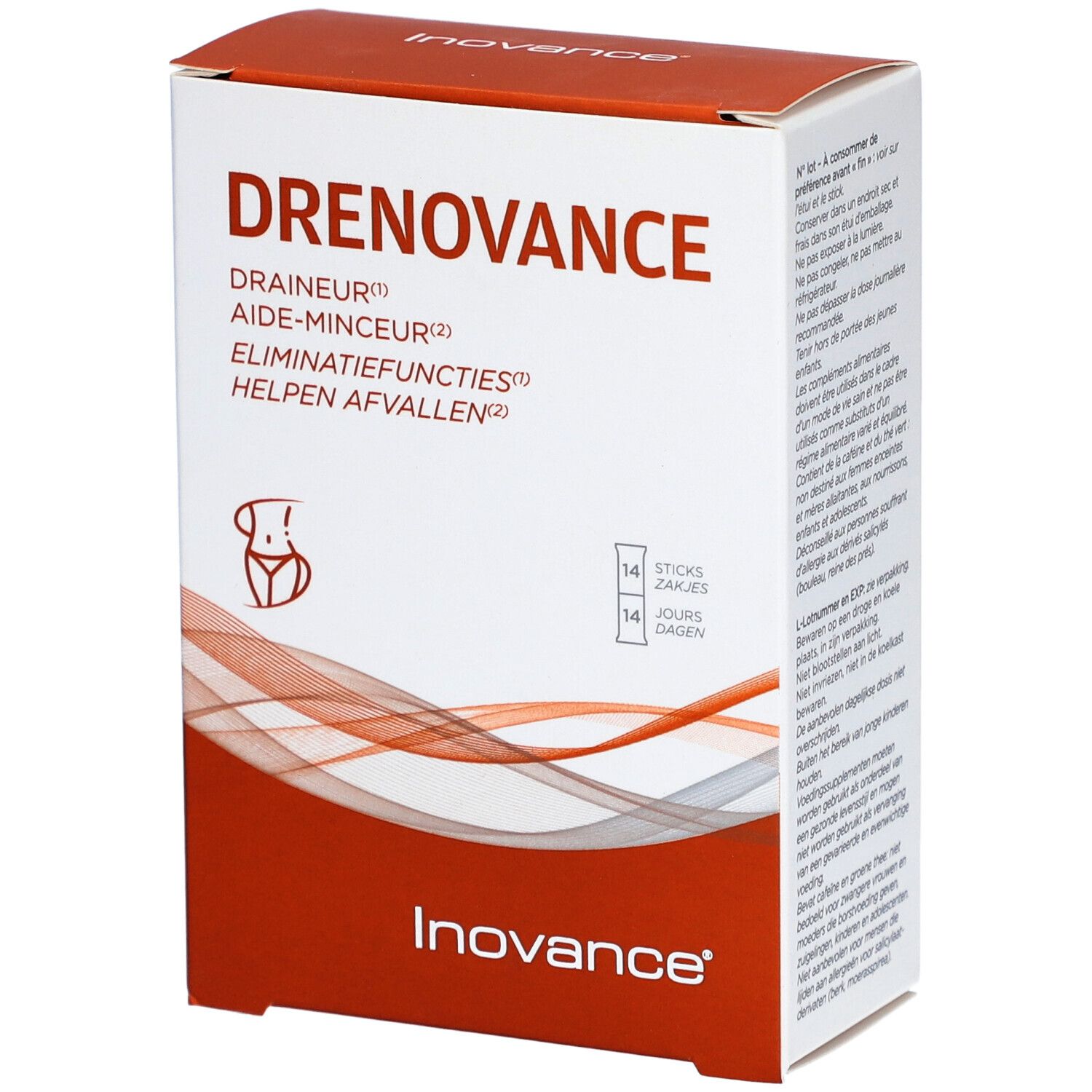 Boîte Inovance Drenovance. Couleurs rouge et blanc. Texte: Drenovance, Drainer, Aide-minceur, Eliminatiefuncties, Helpen afvallen. 14 sticks.