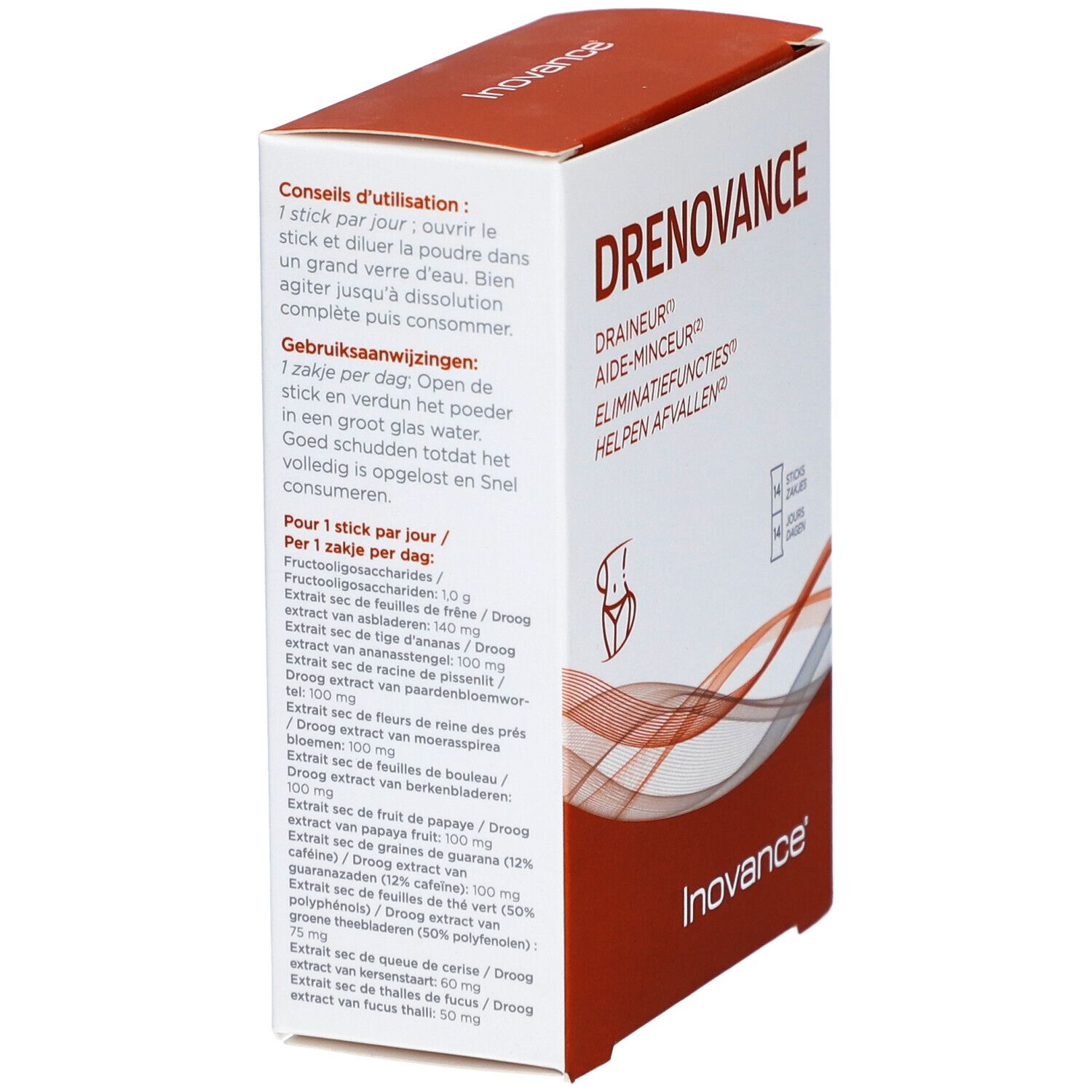 Boîte Inovance Drenovance. Texte: Drenovance, Drainer, Aide-minceur, Eliminatiefuncties, Helpen afvallen. Liste des ingrédients et mode d'emploi.