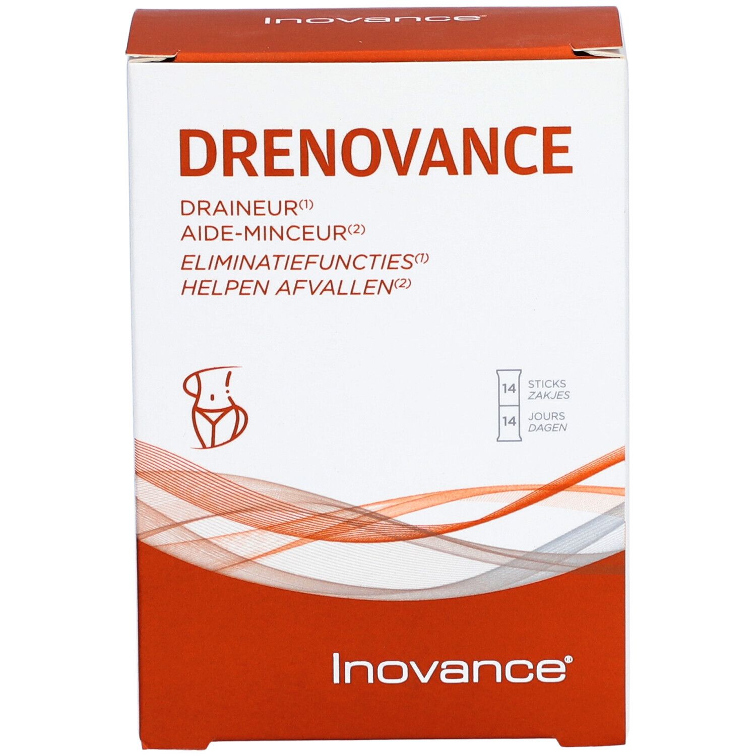 Boîte Inovance Drenovance. Blanc et rouge. Texte: Drenovance, Drainer, Aide-minceur, Eliminatiefuncties, Helpen afvallen. 14 sticks.