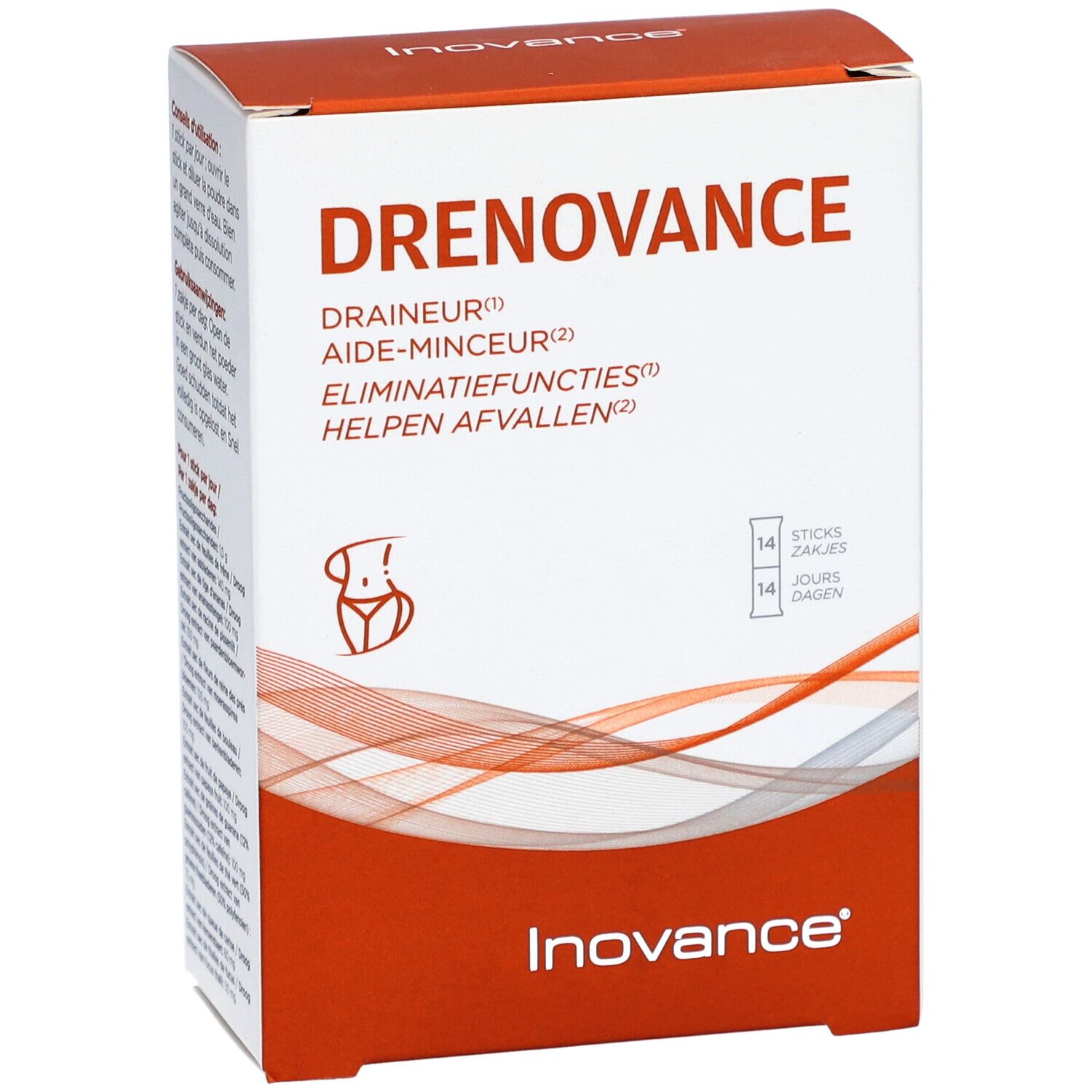 Boîte Inovance Drenovance. Blanc et rouge. Texte: Drenovance, Drainer, Aide-minceur, Eliminatiefuncties, Helpen afvallen. 14 sticks.