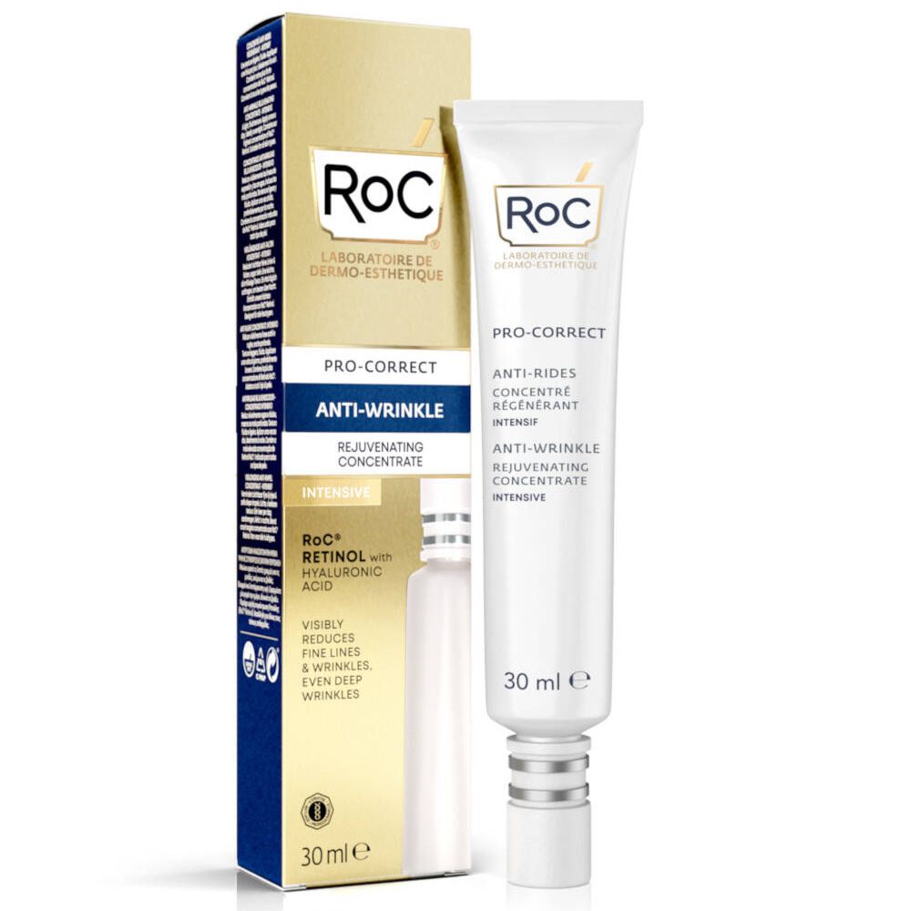 Concentré anti-rides RoC® et tube. Emballage doré. Contient du rétinol et de l'acide hyaluronique. 30 ml. Tube blanc.
