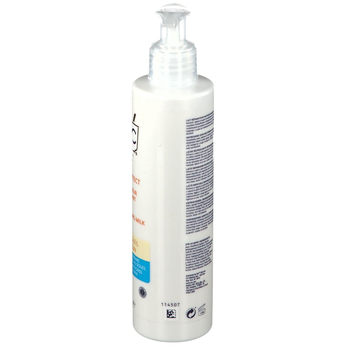 Weiße Flasche mit Pumpe. Rückseite mit Text. Aufschrift: RoC Soleil-Protect Après-Soleil.